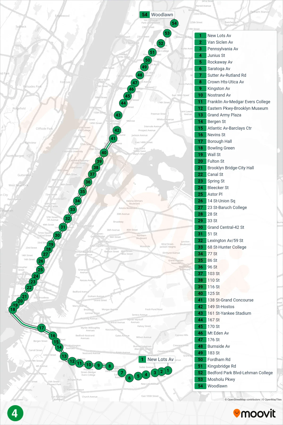 4 subway Line (Uptown & The Bronx) route and stops on a map