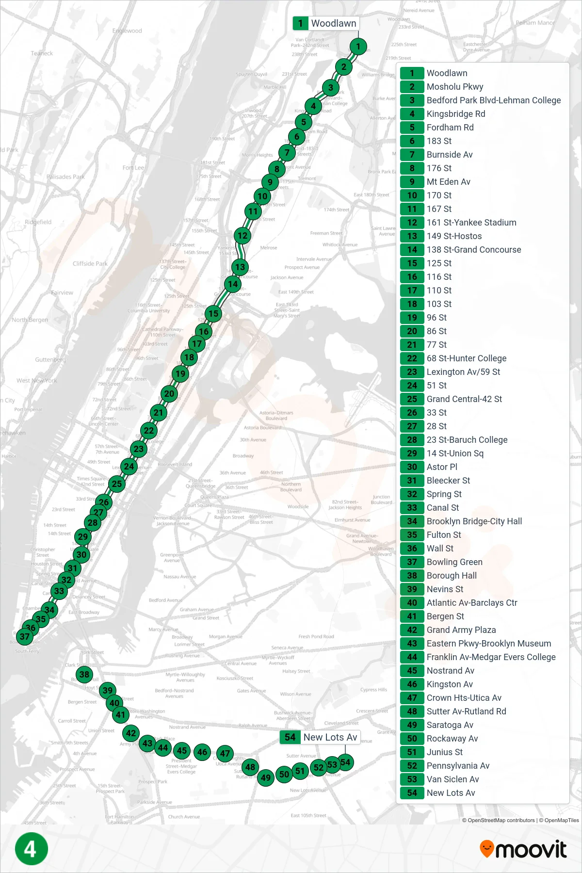 4 subway Line (Downtown & Brooklyn) route and stops on a map