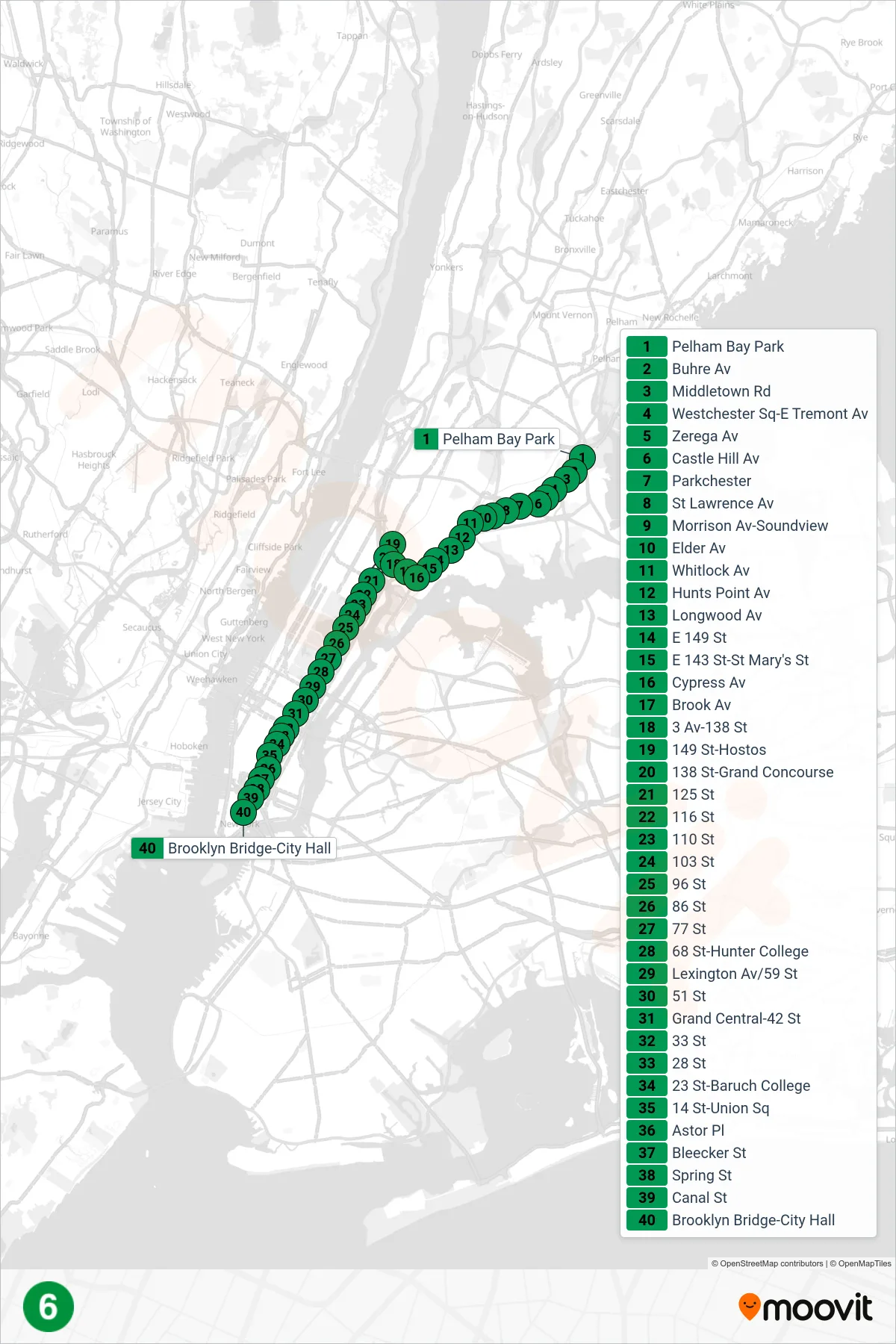 6 subway Line (Downtown & Brooklyn) route and stops on a map