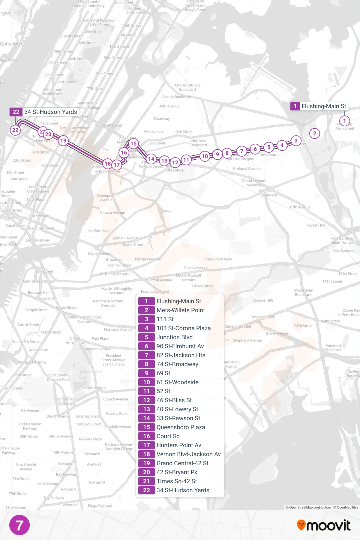 7 subway Line (Manhattan) route and stops on a map