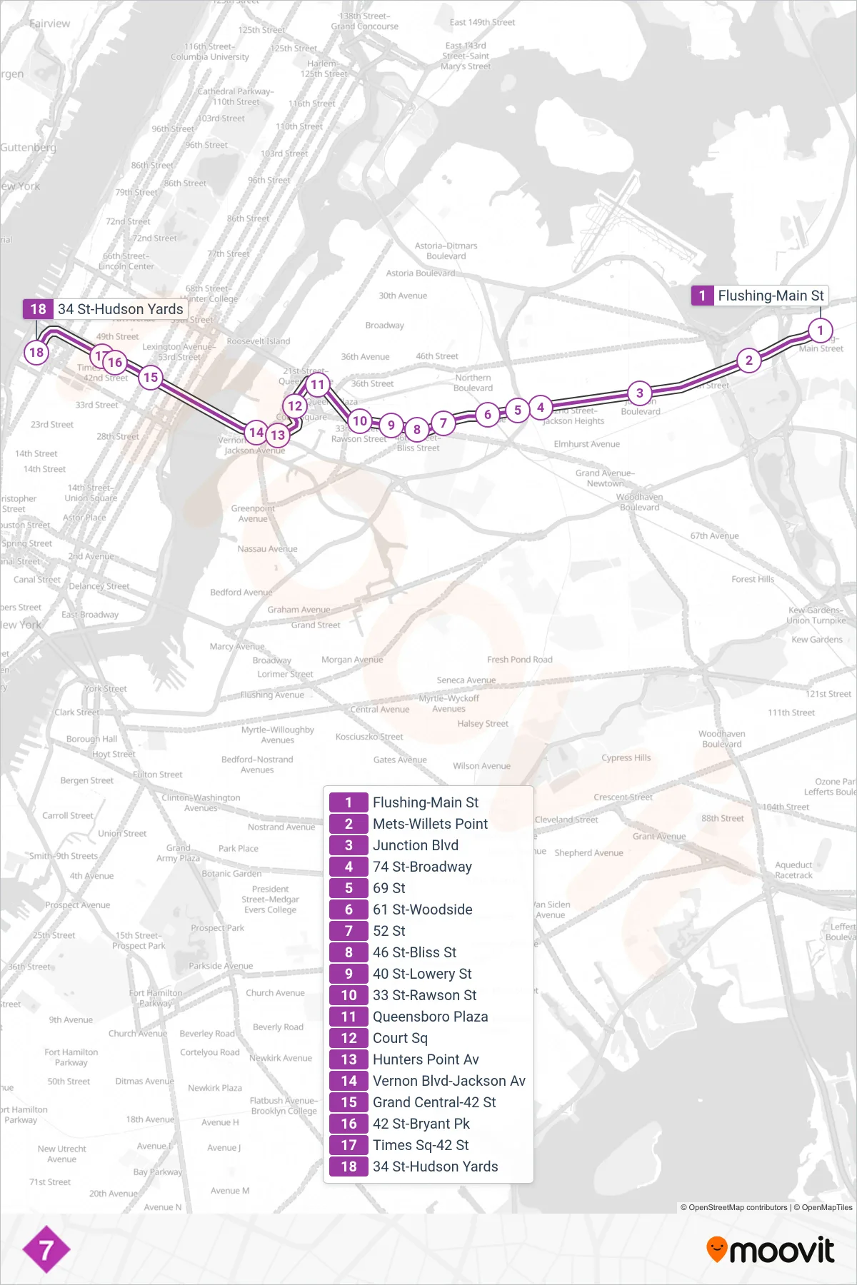 7X subway Line (Manhattan) route and stops on a map