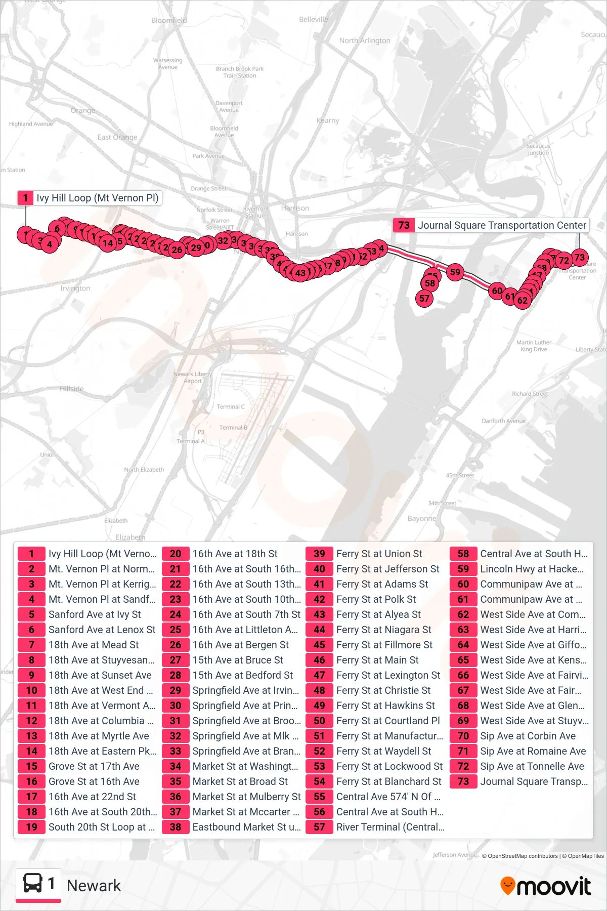 1 bus Line (Jersey City Journal Sq Via River Terminal) route and stops on a map