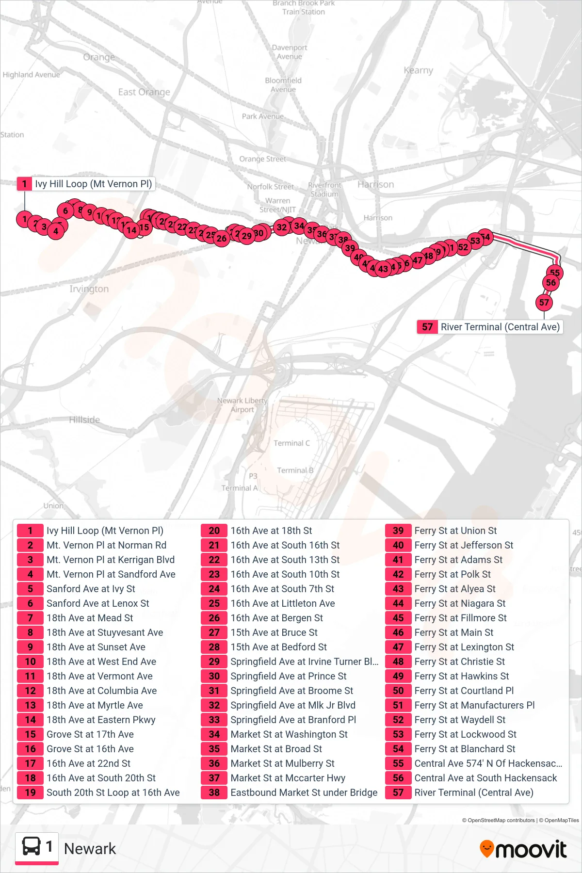 1 bus Line (Kearny River Terminal) route and stops on a map