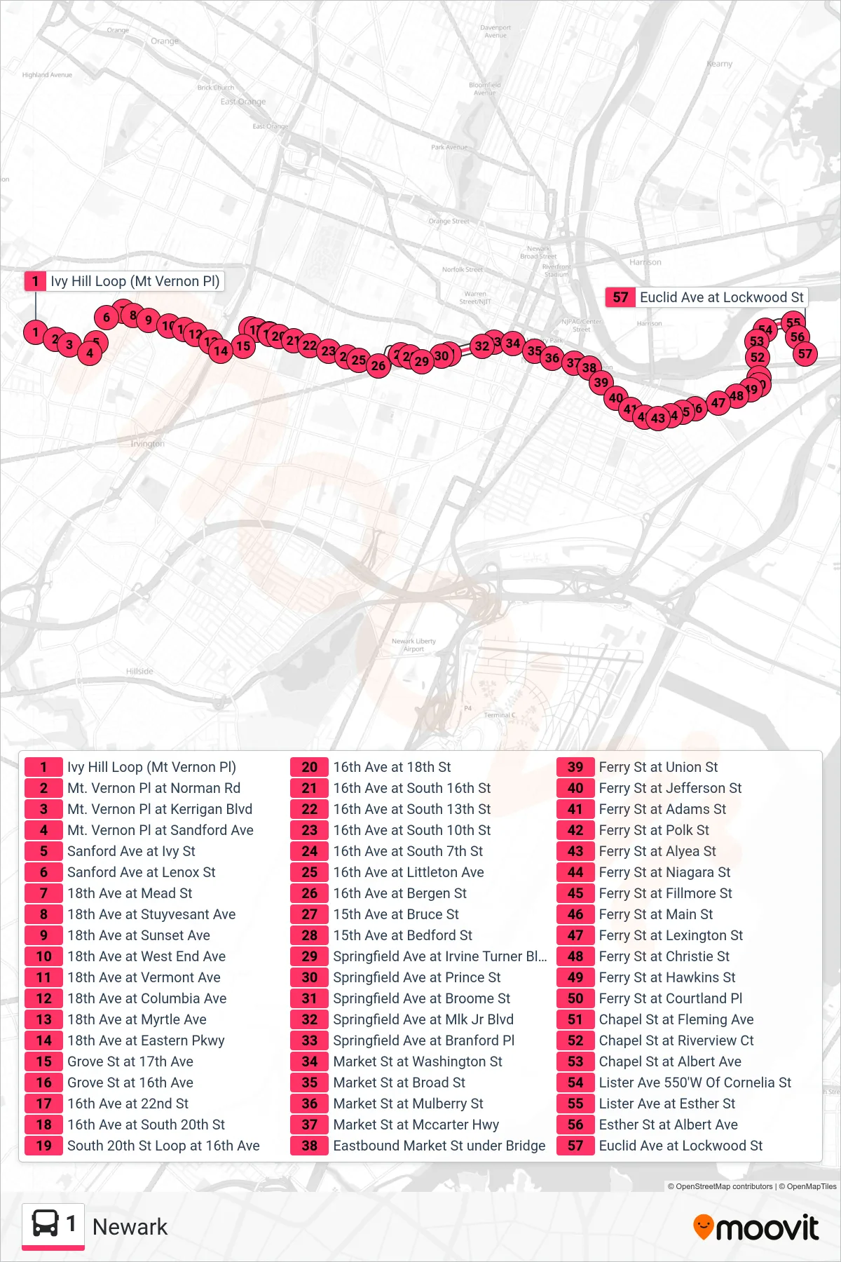 1 bus Line (Euclid Ave Via Chapel St) route and stops on a map