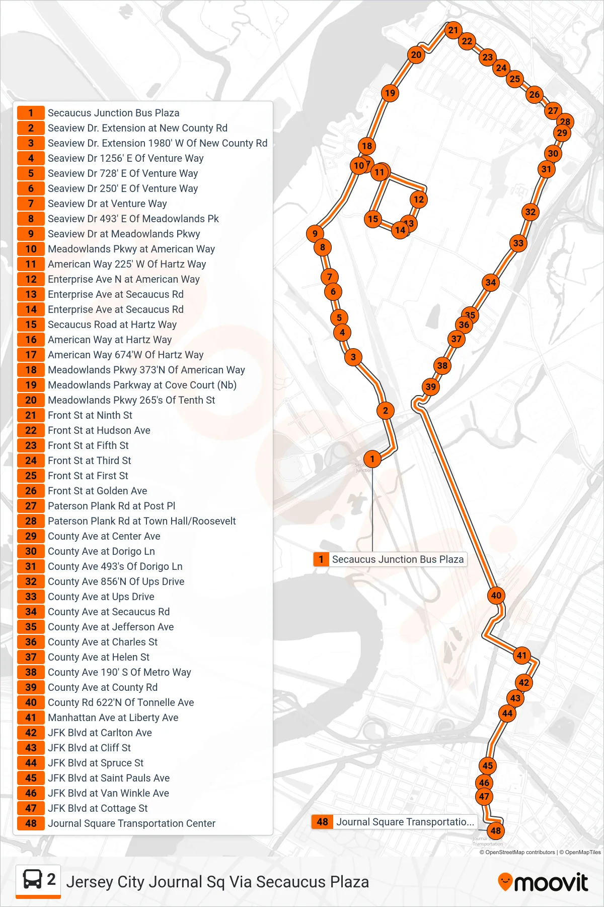 2 bus Line (Jersey City Journal Sq Via Secaucus Plaza) route and stops on a map