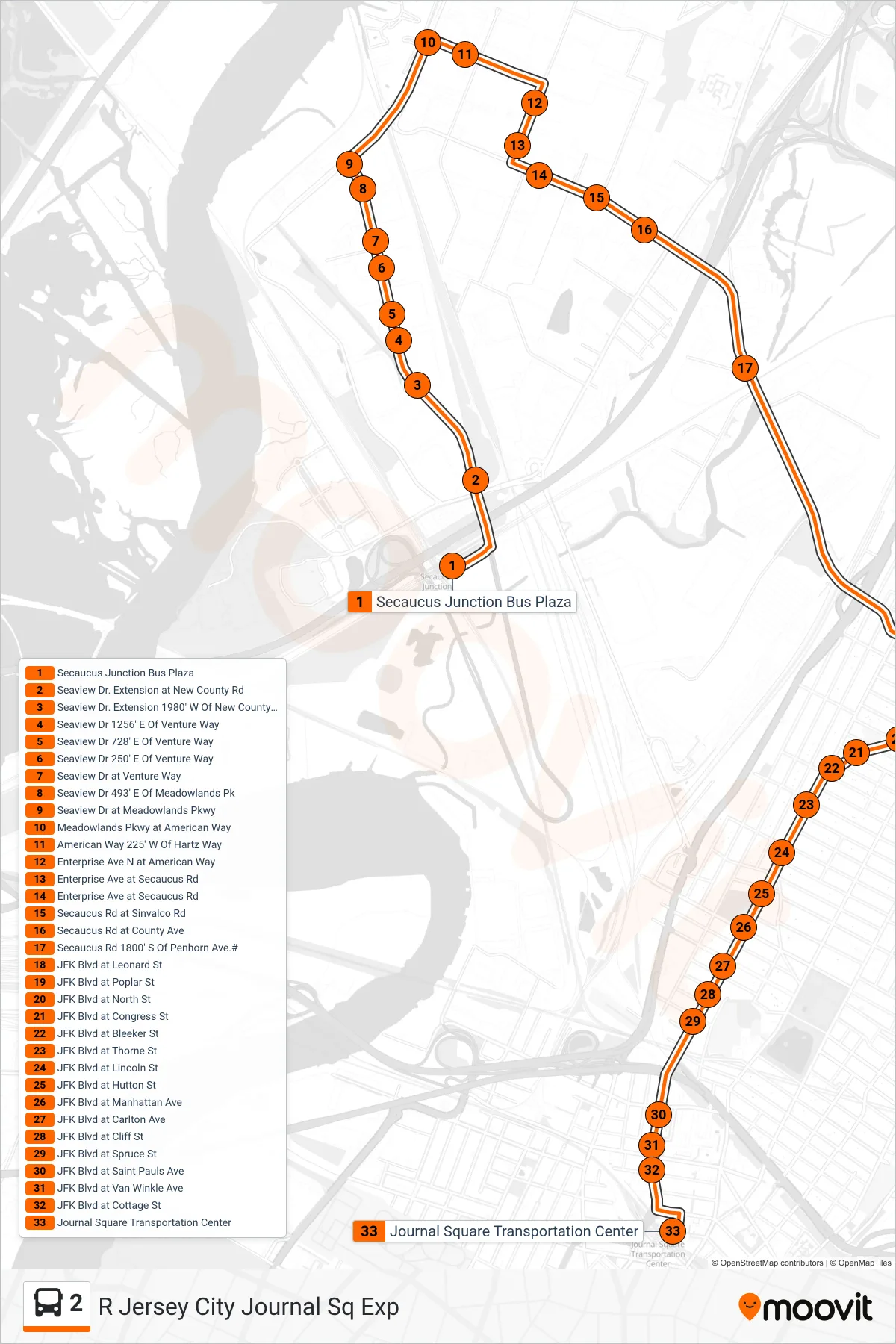 2 bus Line (R Jersey City Journal Sq Exp) route and stops on a map