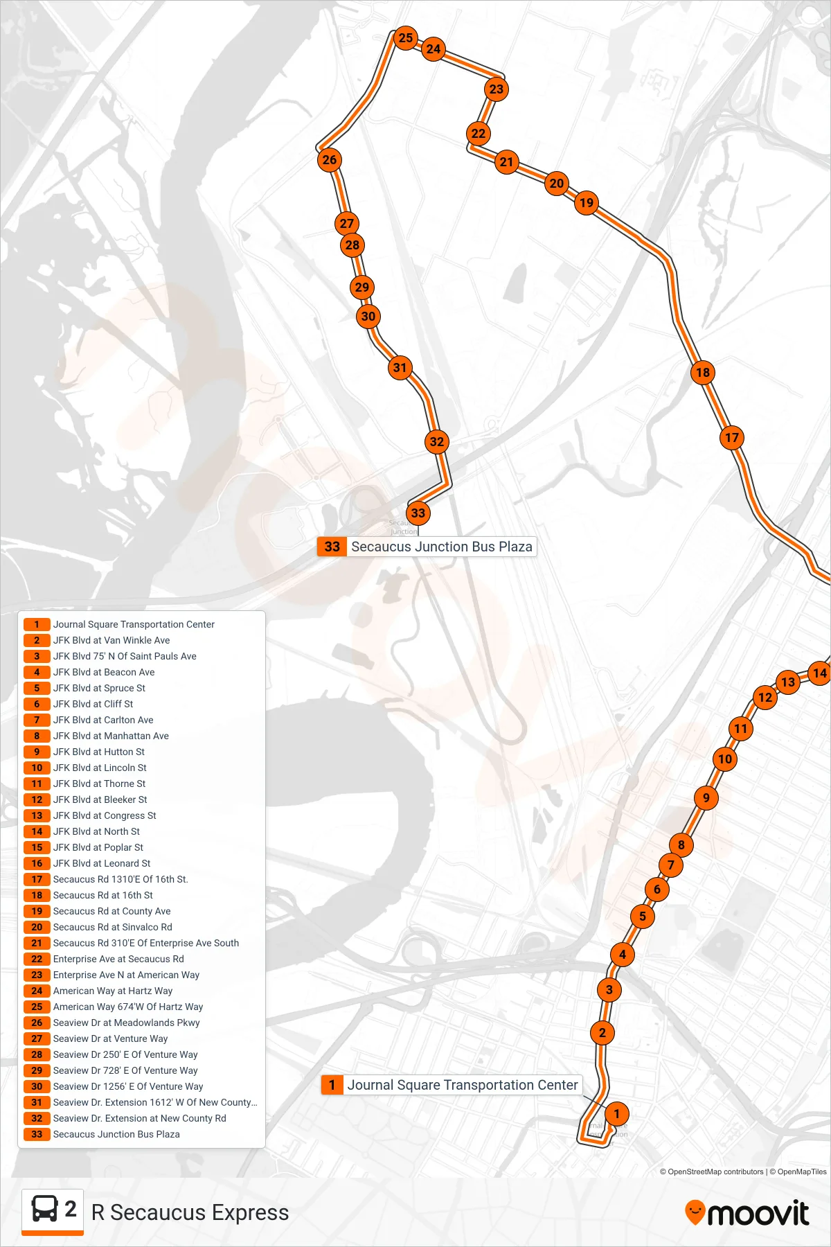 2 bus Line (R Secaucus Express) route and stops on a map