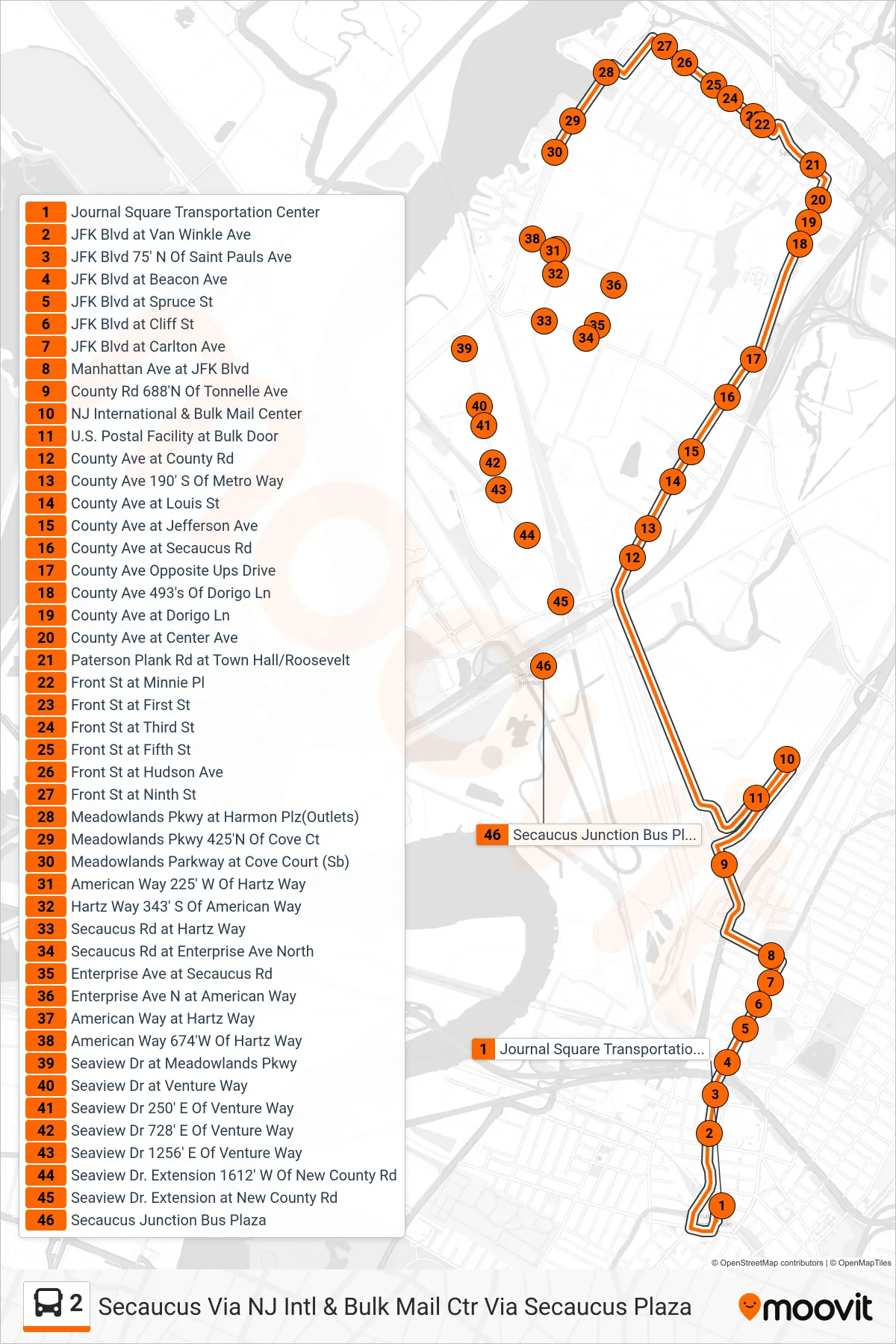 2 bus Line (Secaucus  Via NJ Intl & Bulk Mail Ctr Via Secaucus Plaza) route and stops on a map