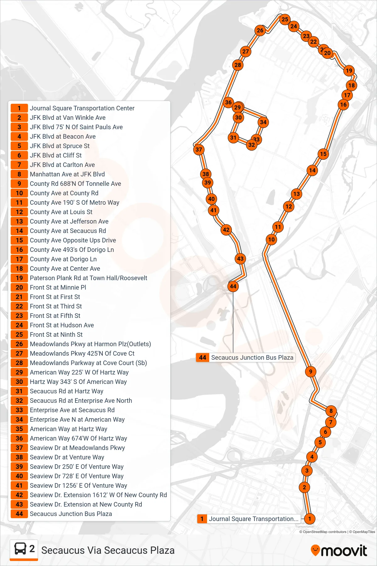 2 bus Line (Secaucus Via Secaucus Plaza) route and stops on a map