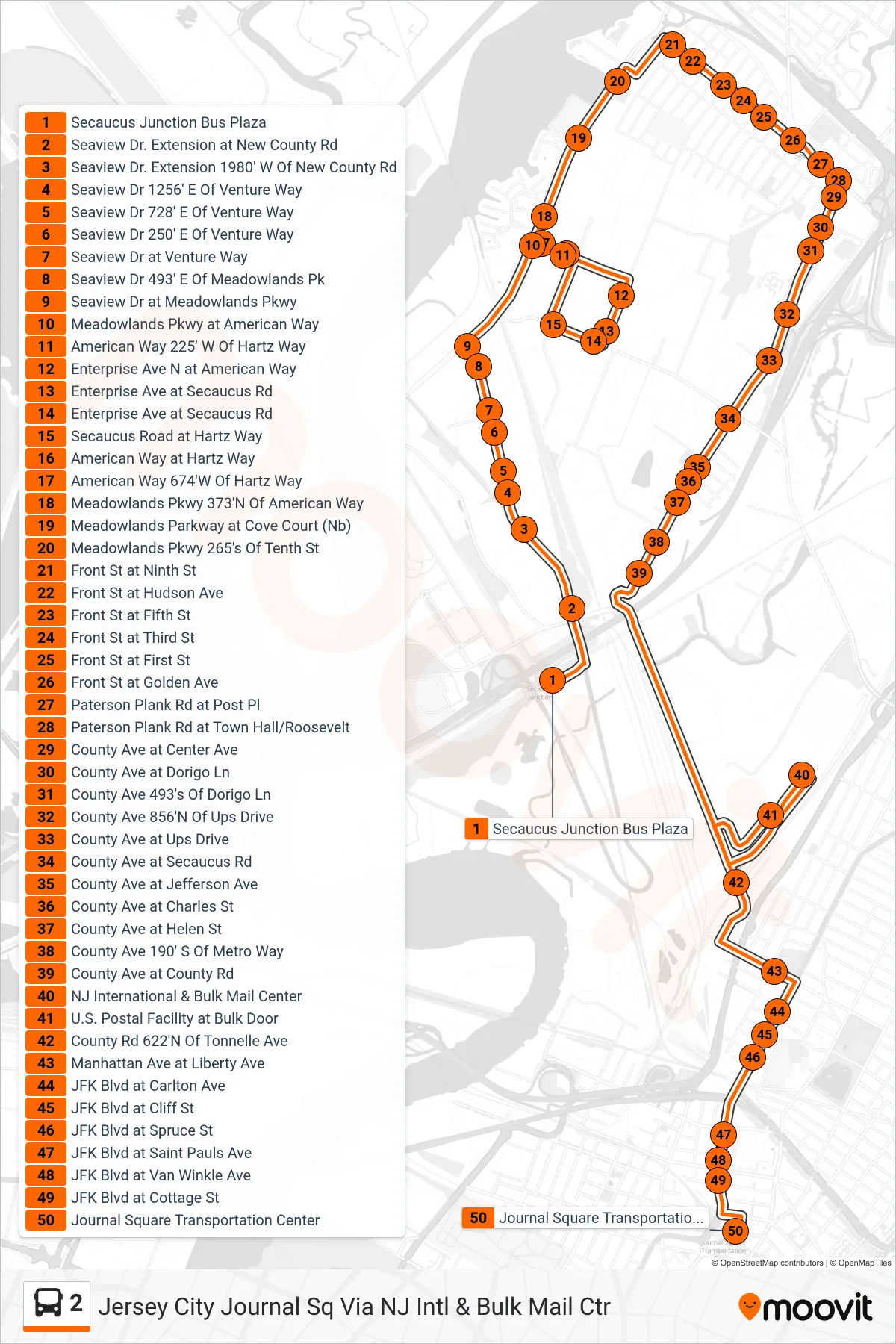 2 bus Line (Jersey City Journal Sq Via NJ Intl & Bulk Mail Ctr) route and stops on a map