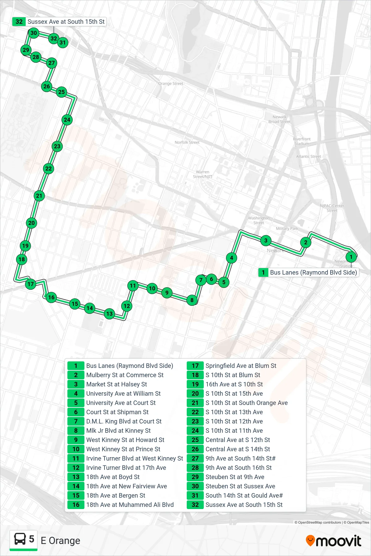 5 bus Line (E Orange) route and stops on a map