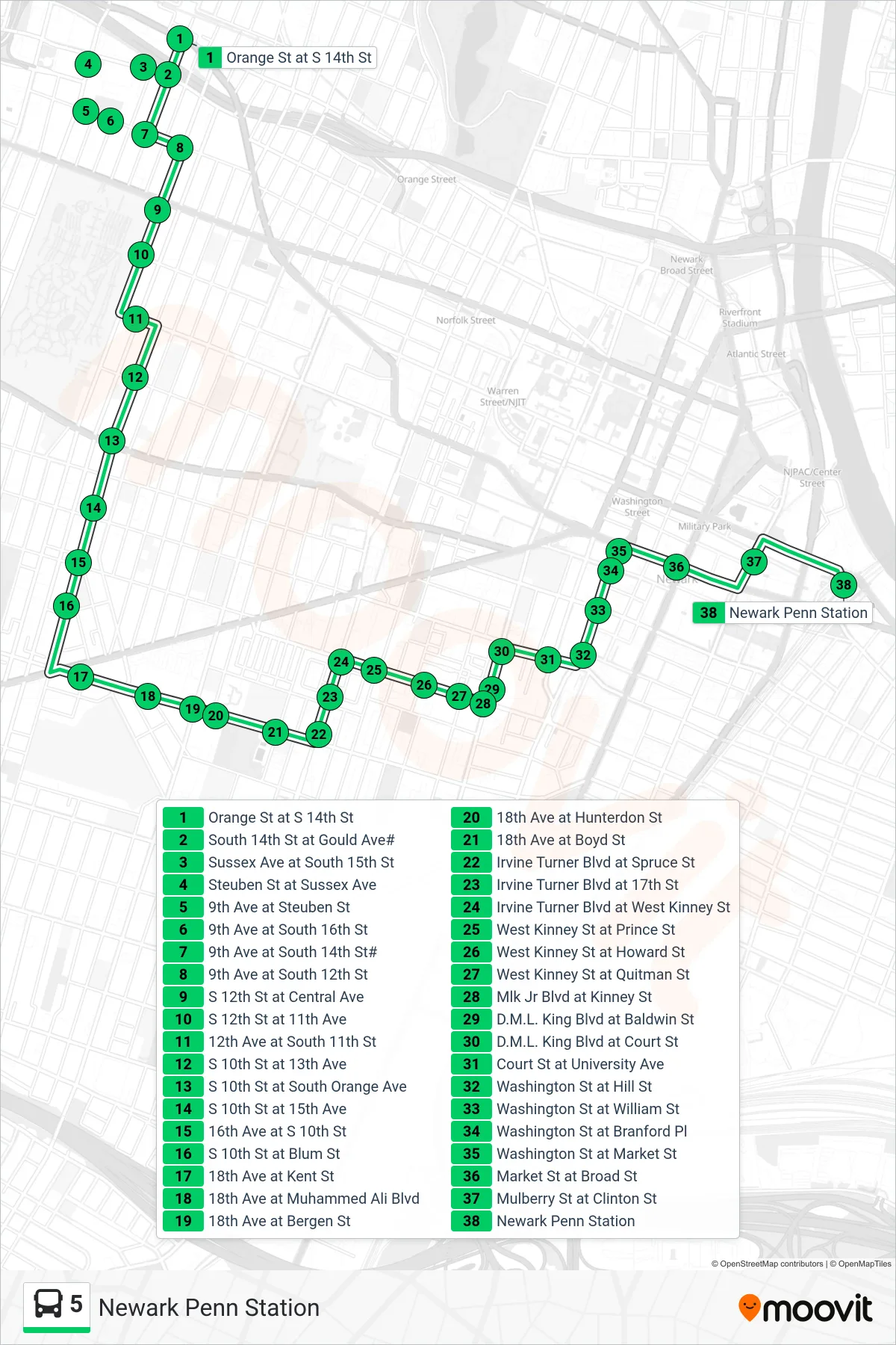 5 bus Line (Newark Penn Station) route and stops on a map