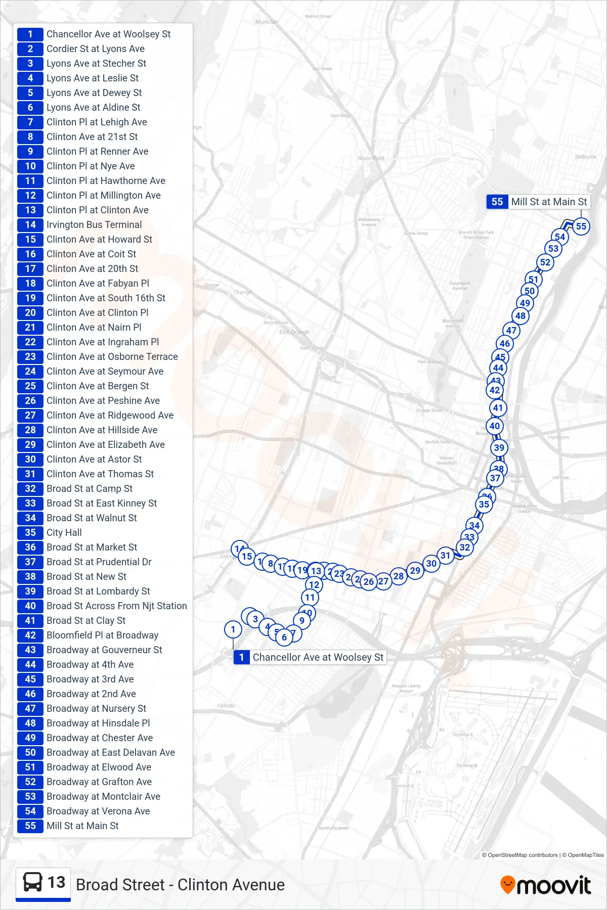 13 bus Line (M North Newark Verona Ave Via Broad St Sta) route and stops on a map