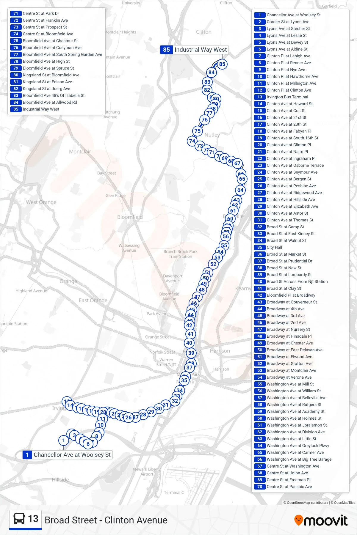 13 bus Line (N Nutley Clifton Via Broad St Sta) route and stops on a map