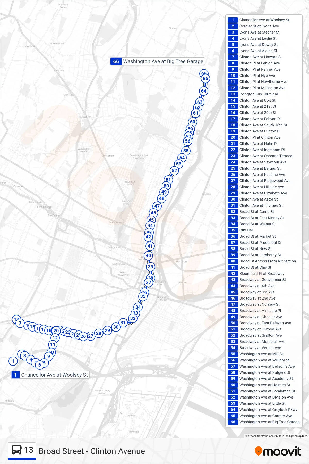 13 bus Line (B Belleville Big Tree Garage Via Broad St Sta) route and stops on a map
