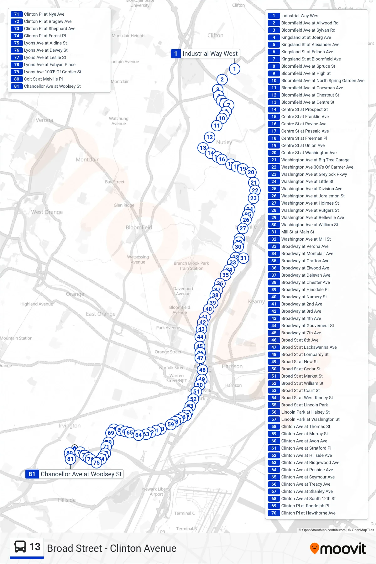 13 bus Line (V Chancellor & Woolsey) route and stops on a map