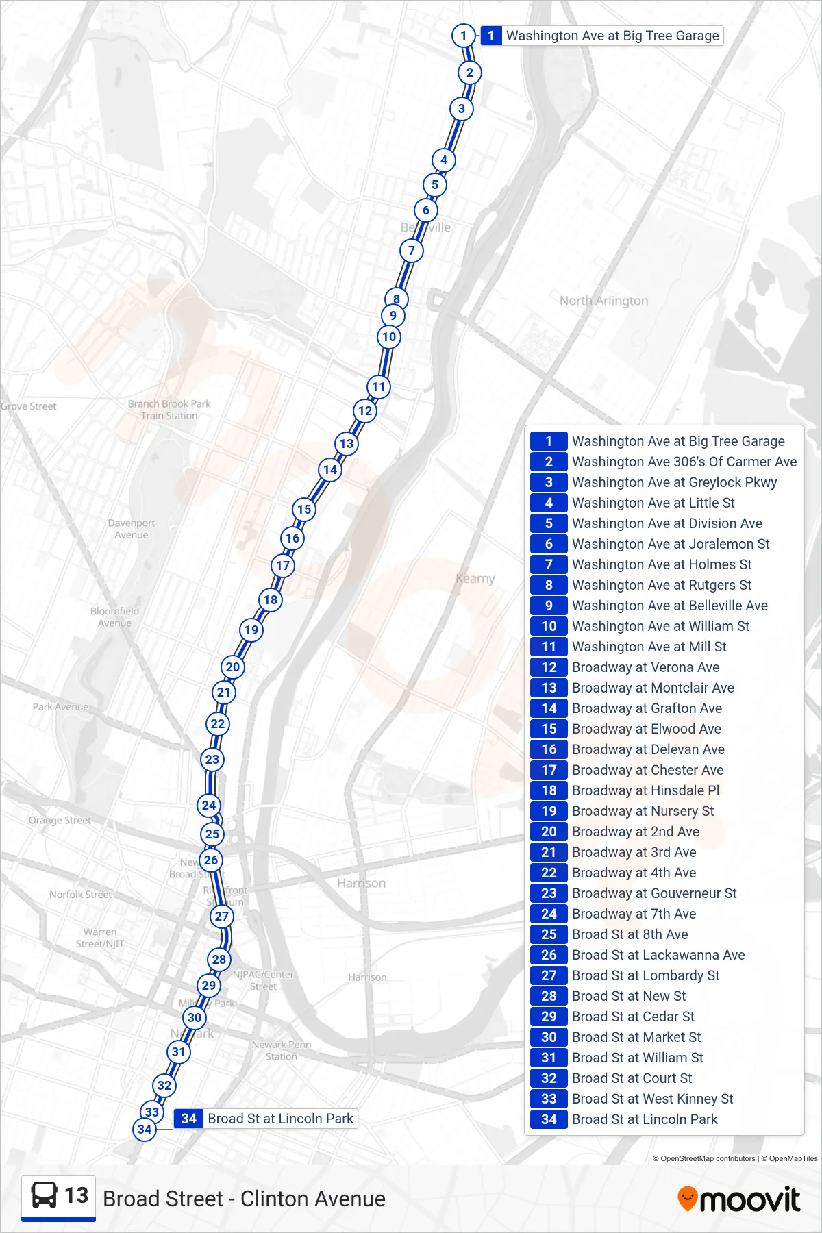 13 bus Line (P Newark Lincoln Park) route and stops on a map