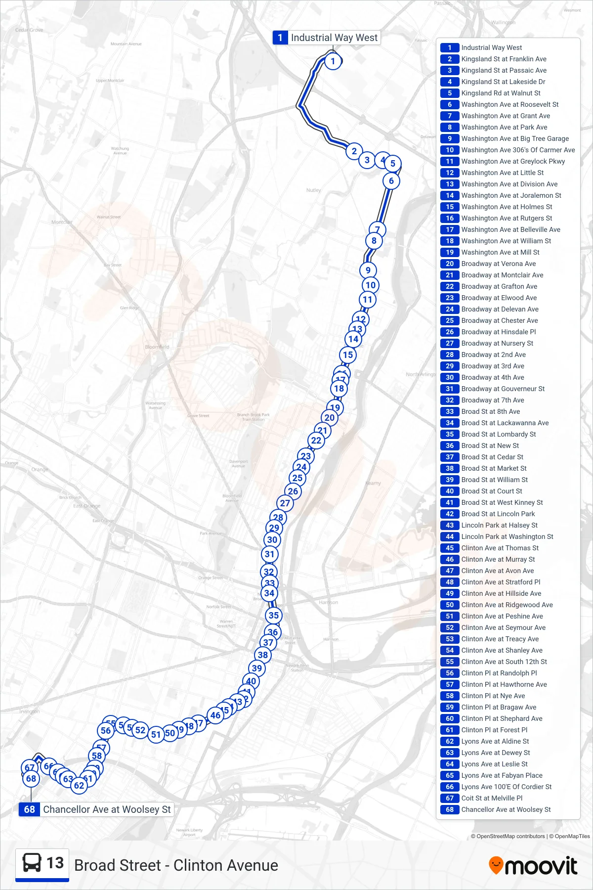 13 bus Line (V Chancellor & Woolsey Via Clifton Commons) route and stops on a map