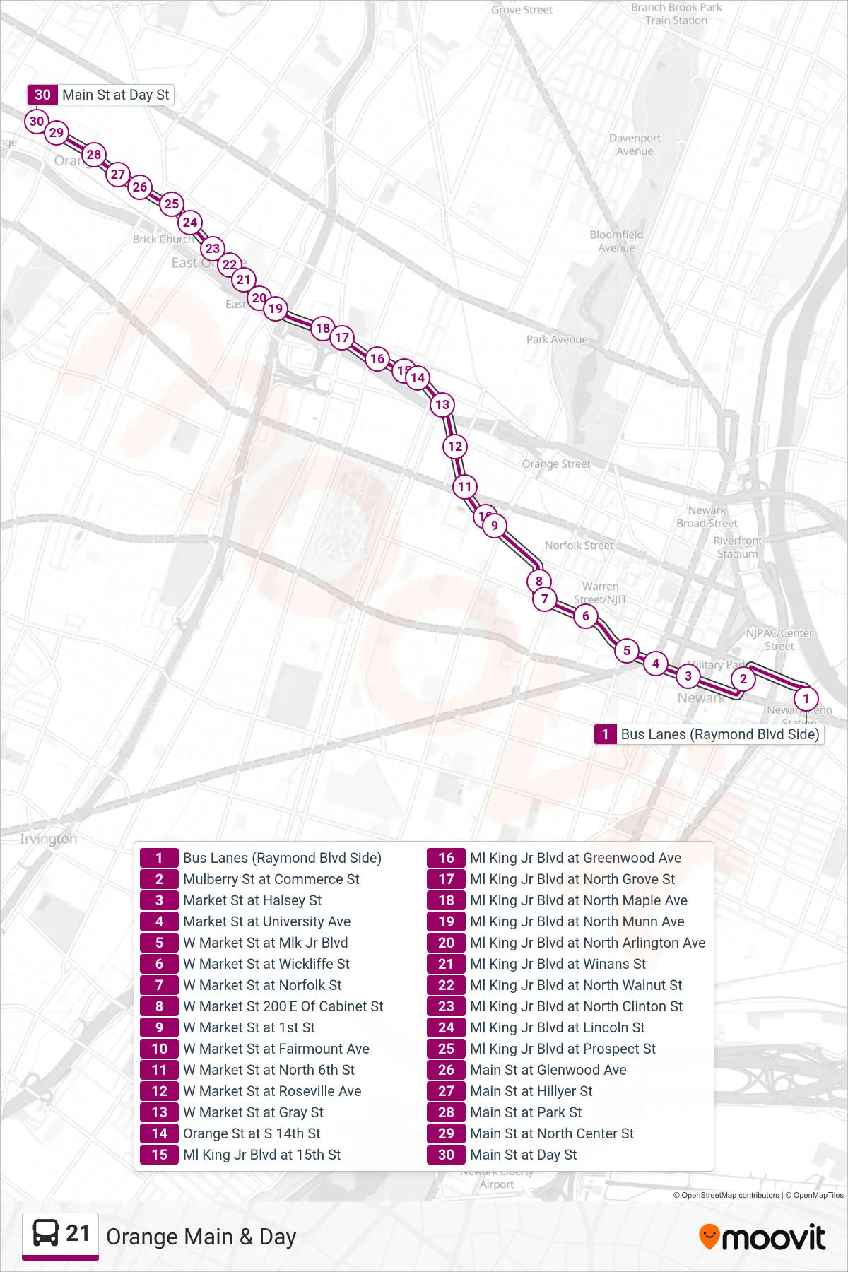 21 bus Line (Orange Main & Day) route and stops on a map