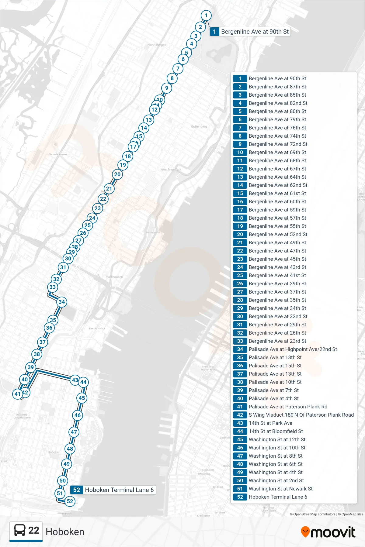 22 bus Line (Hoboken) route and stops on a map