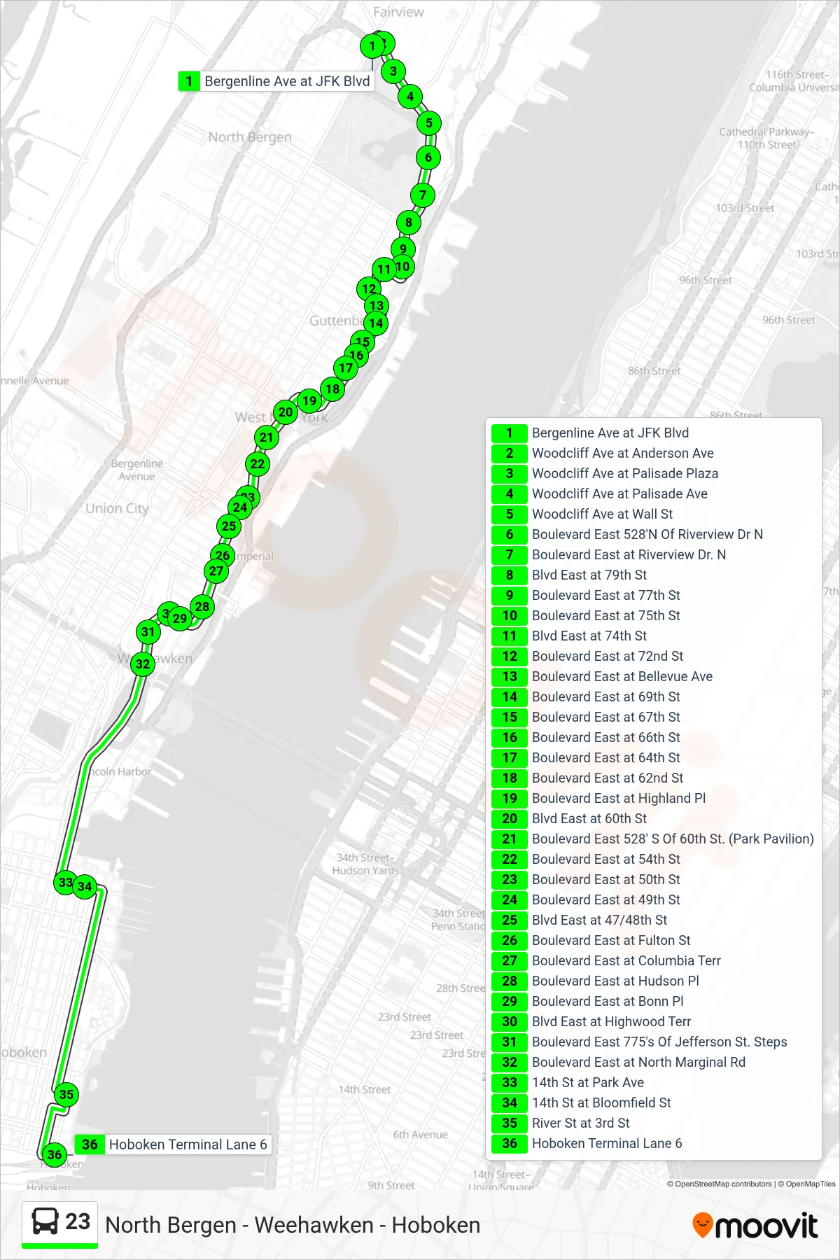 23 bus Line (Hoboken) route and stops on a map
