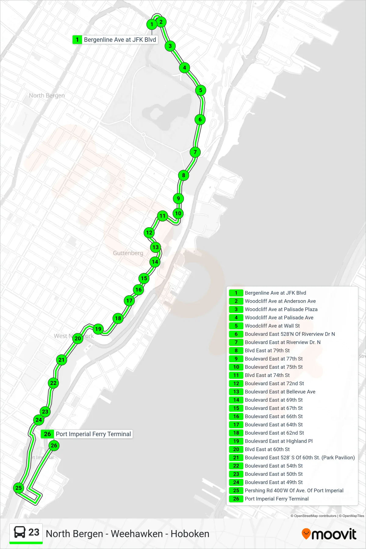 23 bus Line (Port Imperial) route and stops on a map