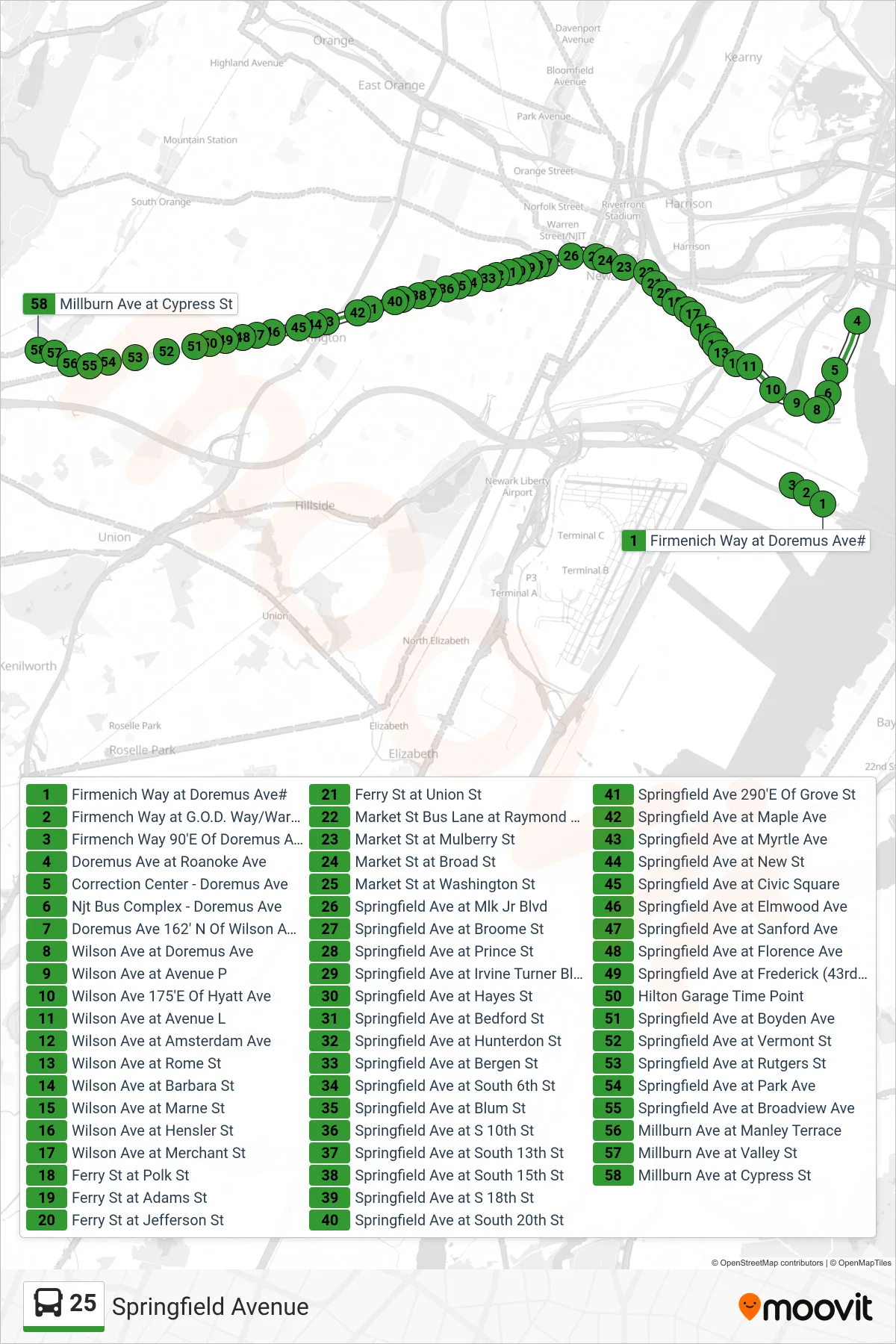 25 bus Line (Springfield Av 43rd Street) route and stops on a map