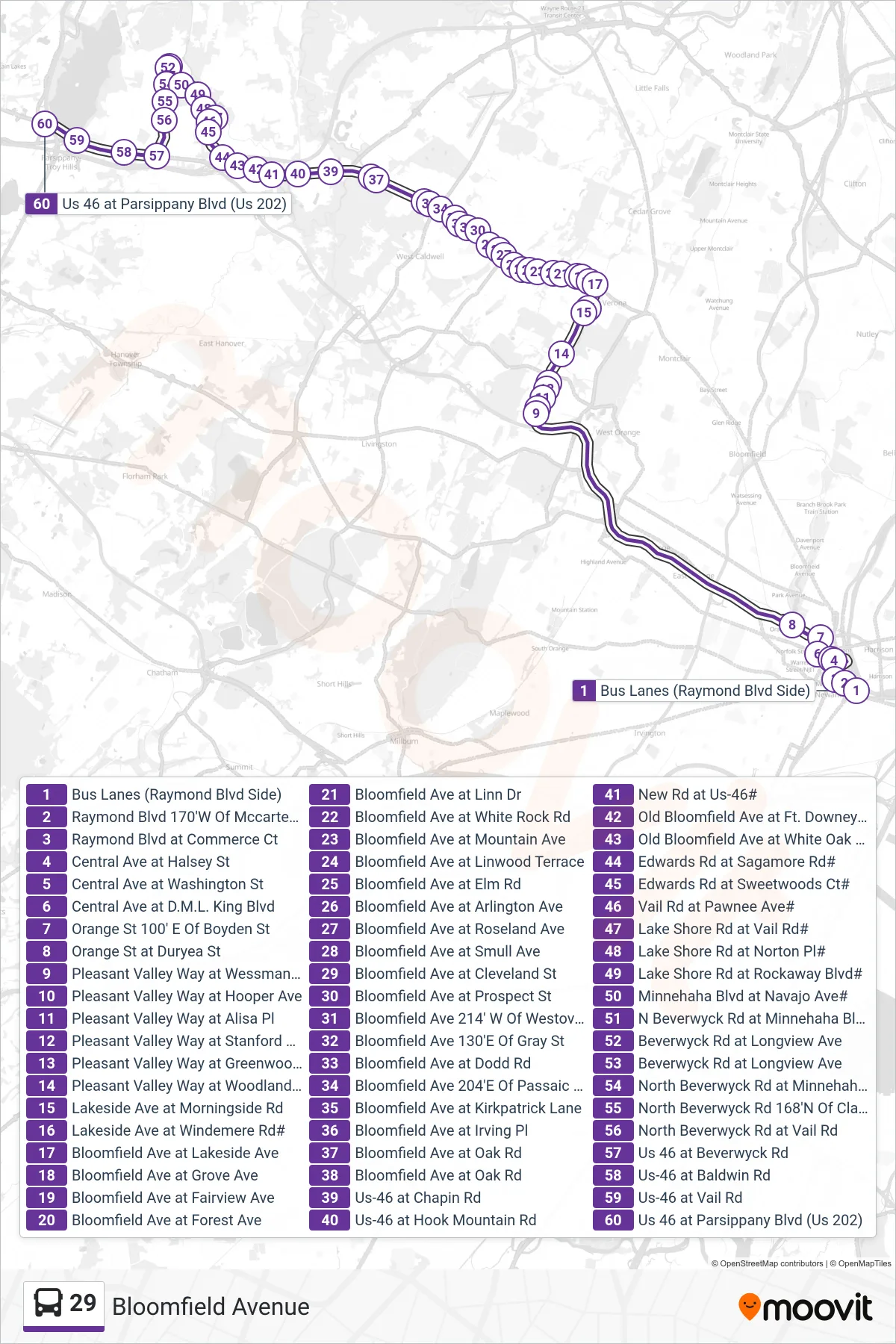 29 bus Line (X Parsippany Express Express Via Knoll Rd) route and stops on a map