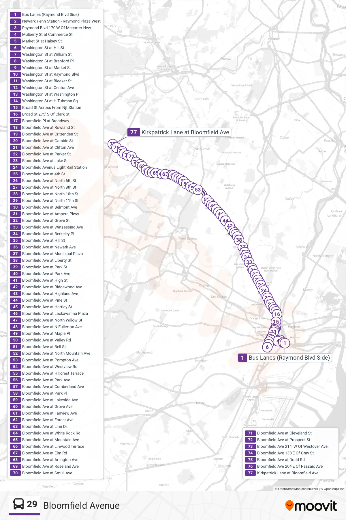 29 bus Line (Bloomfield Ave West Caldwell) route and stops on a map