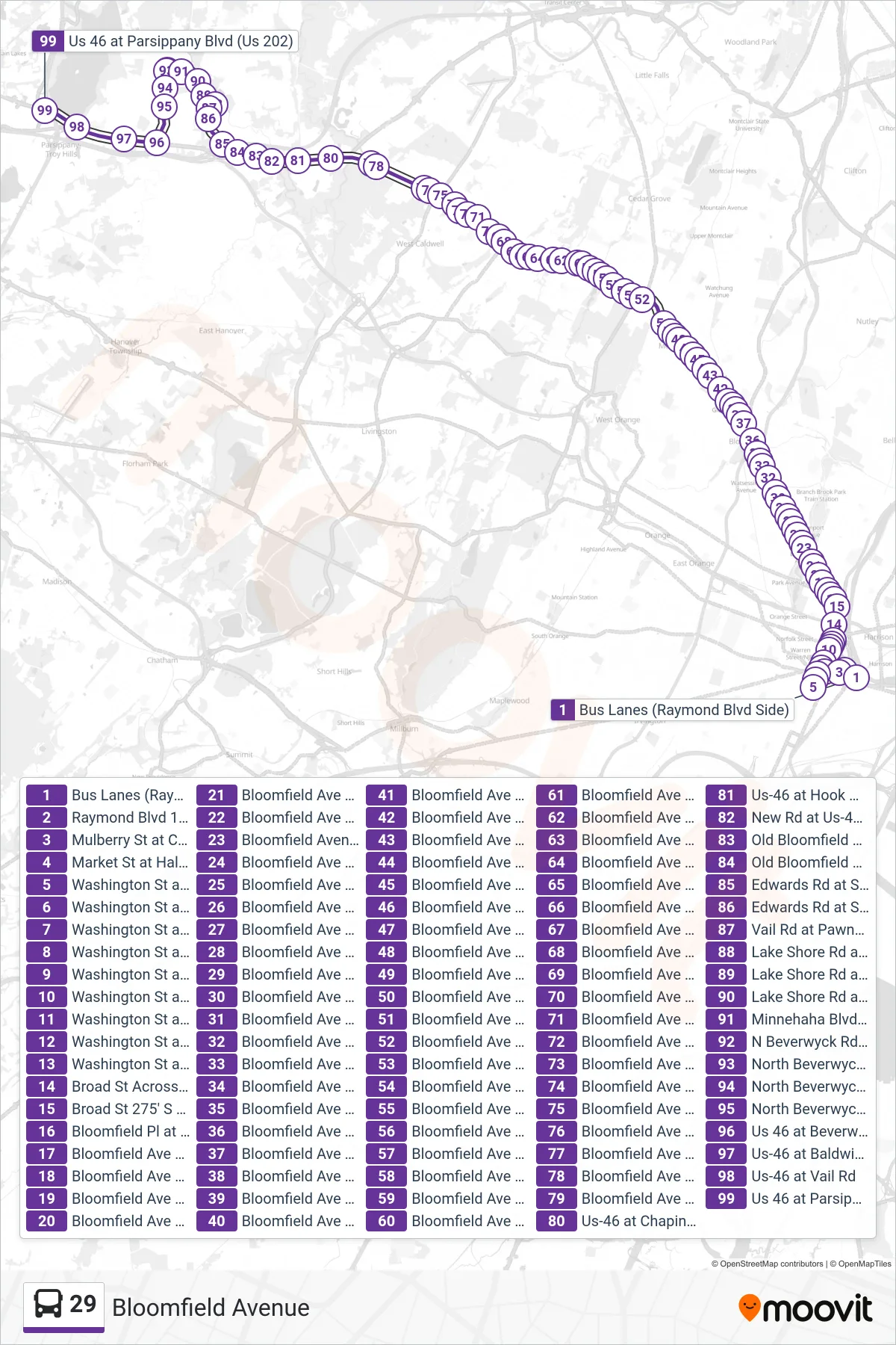 29 bus Line (Bloomfield Ave Parsippany) route and stops on a map