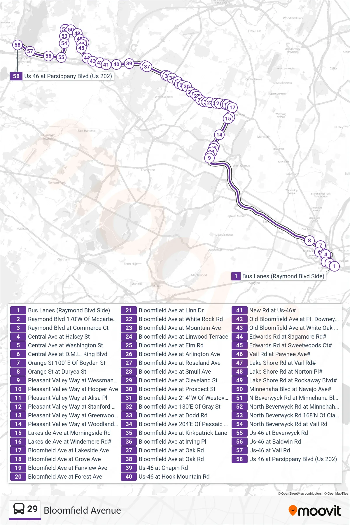 29 bus Line (X Express Parsippany) route and stops on a map
