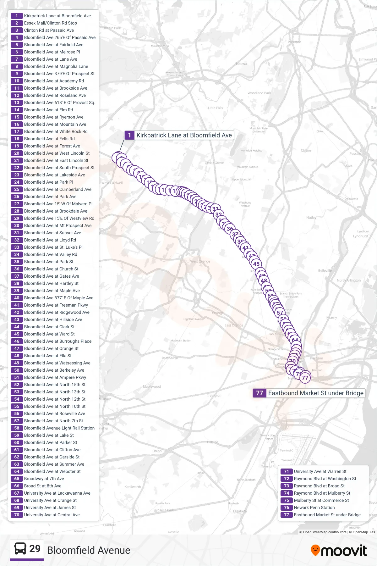 29 bus Line (Bloomfield Ave Nwrk-Penn Sta) route and stops on a map