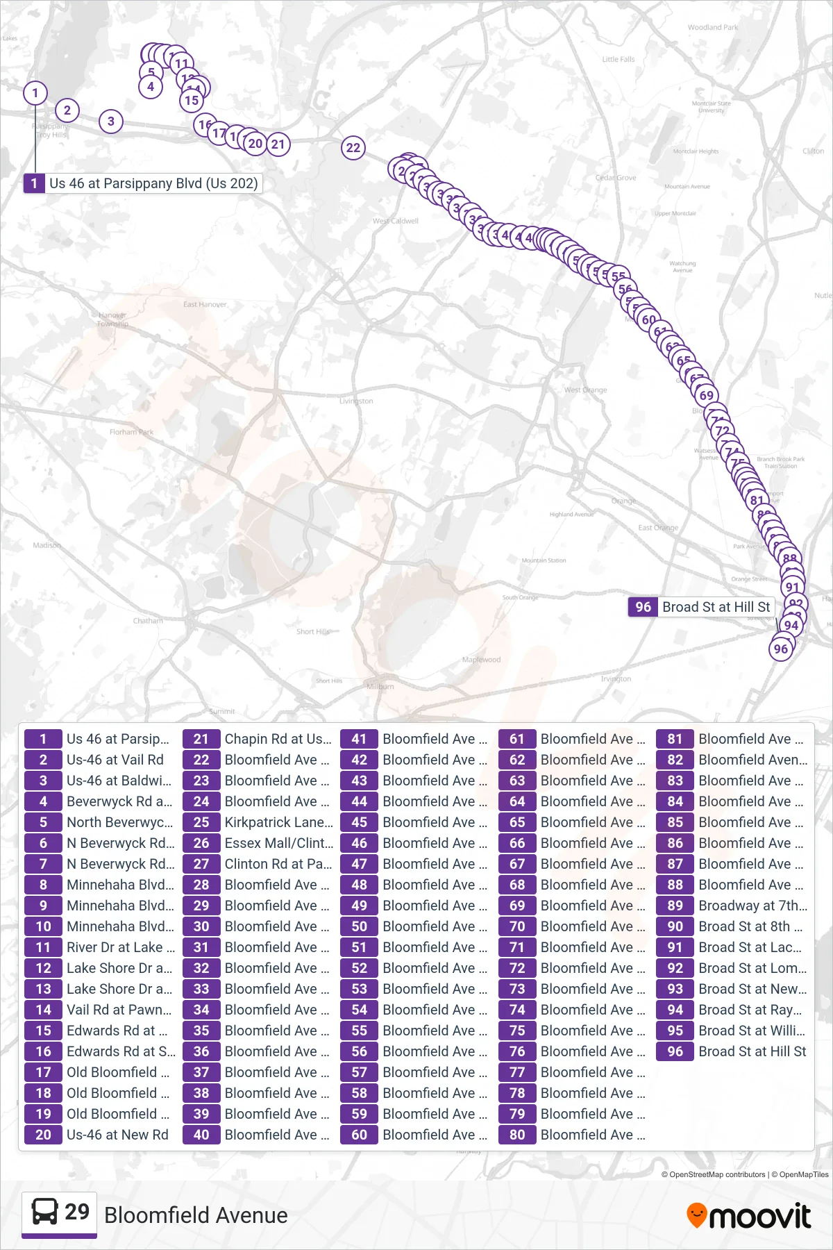 29 bus Line (Newark Hill Street) route and stops on a map