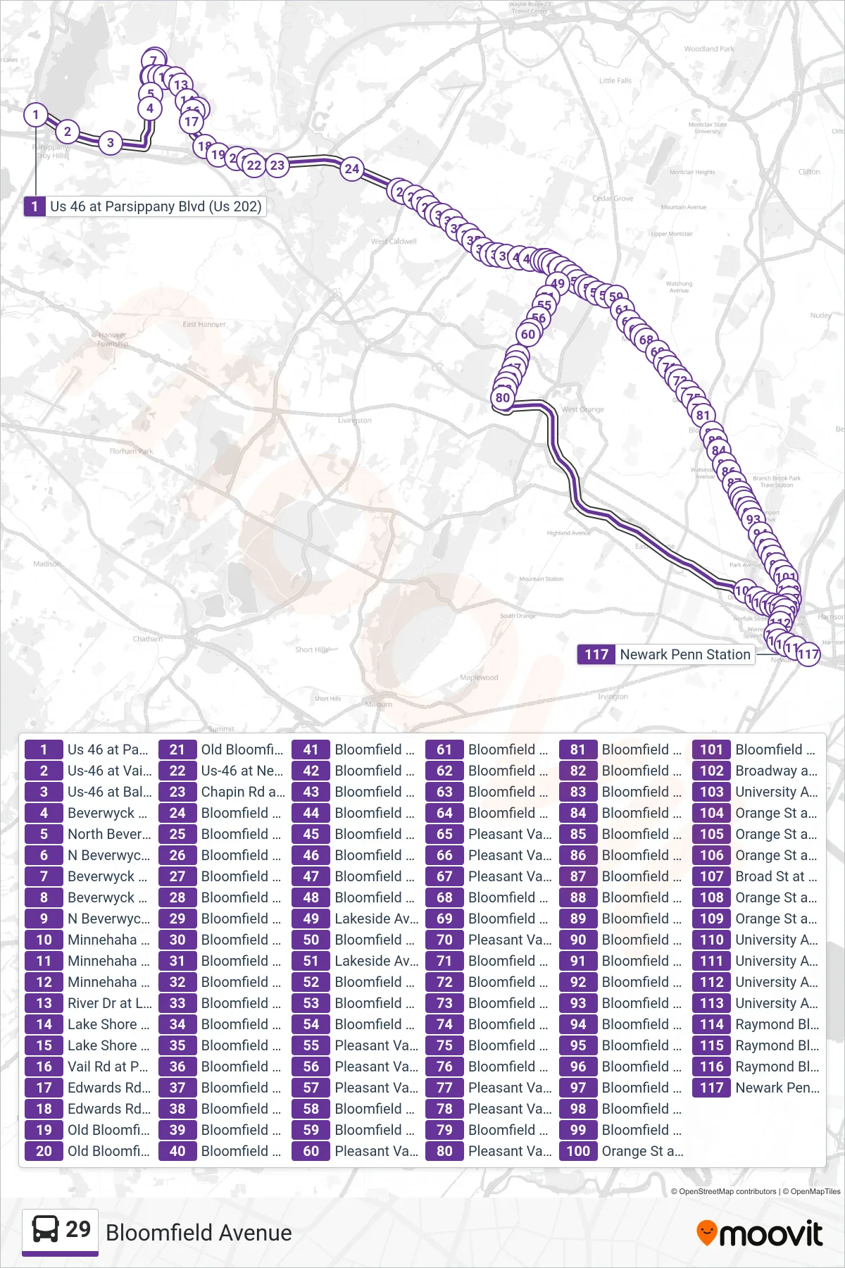 29 bus Line (X Newark Penn Sta - Express) route and stops on a map