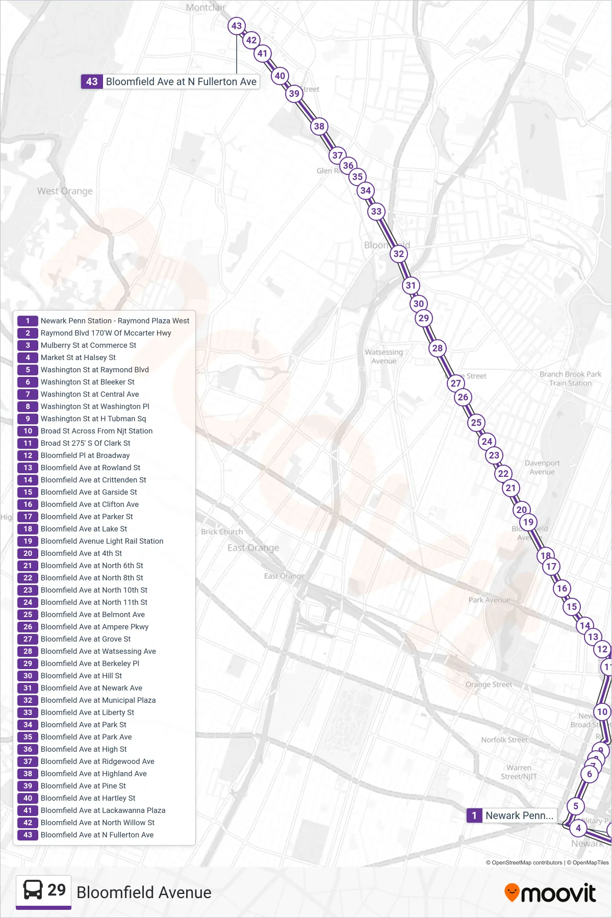 29 bus Line (Bloomfield Ave Montclair) route and stops on a map