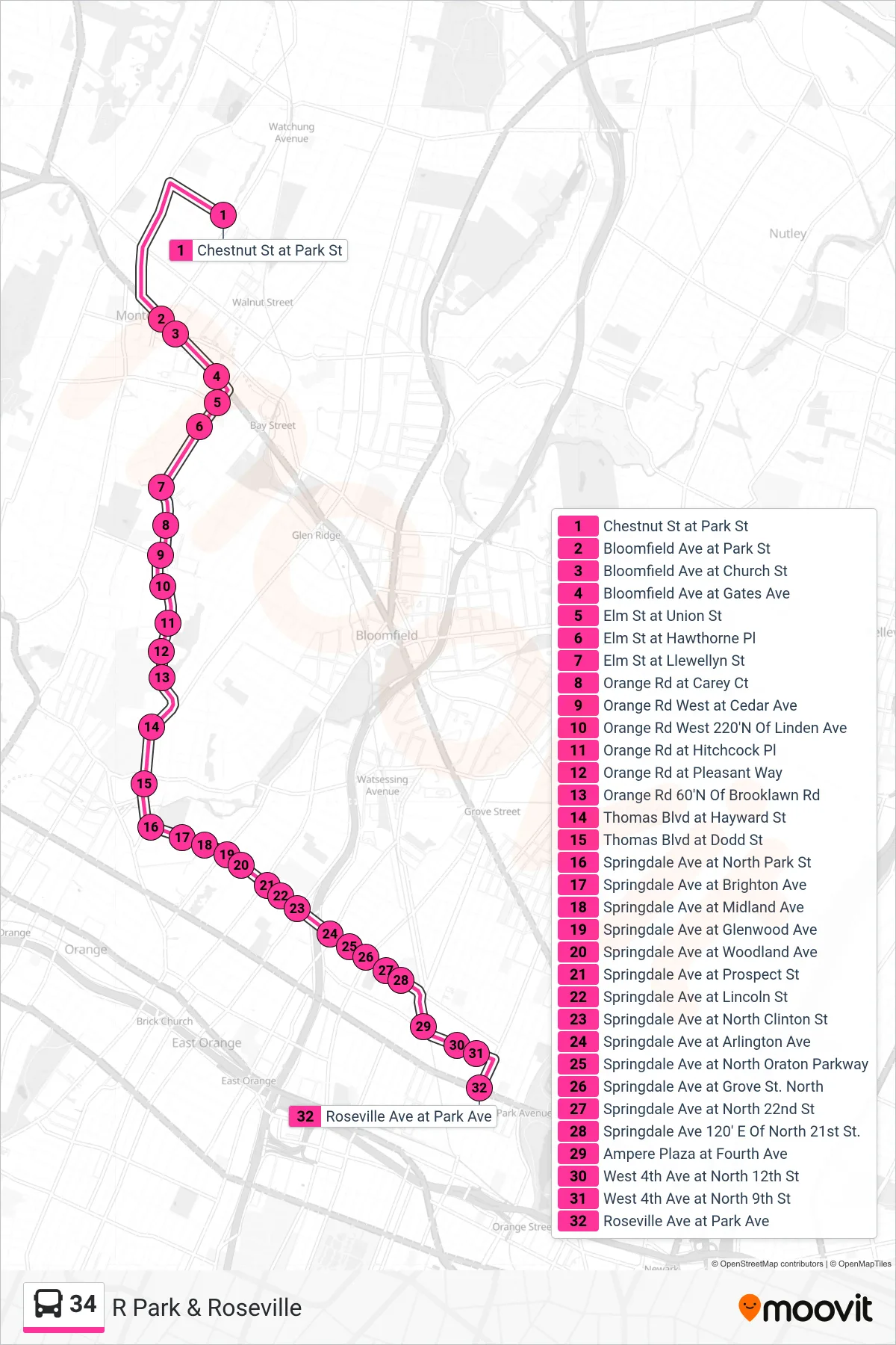 34 bus Line (R Park & Roseville) route and stops on a map
