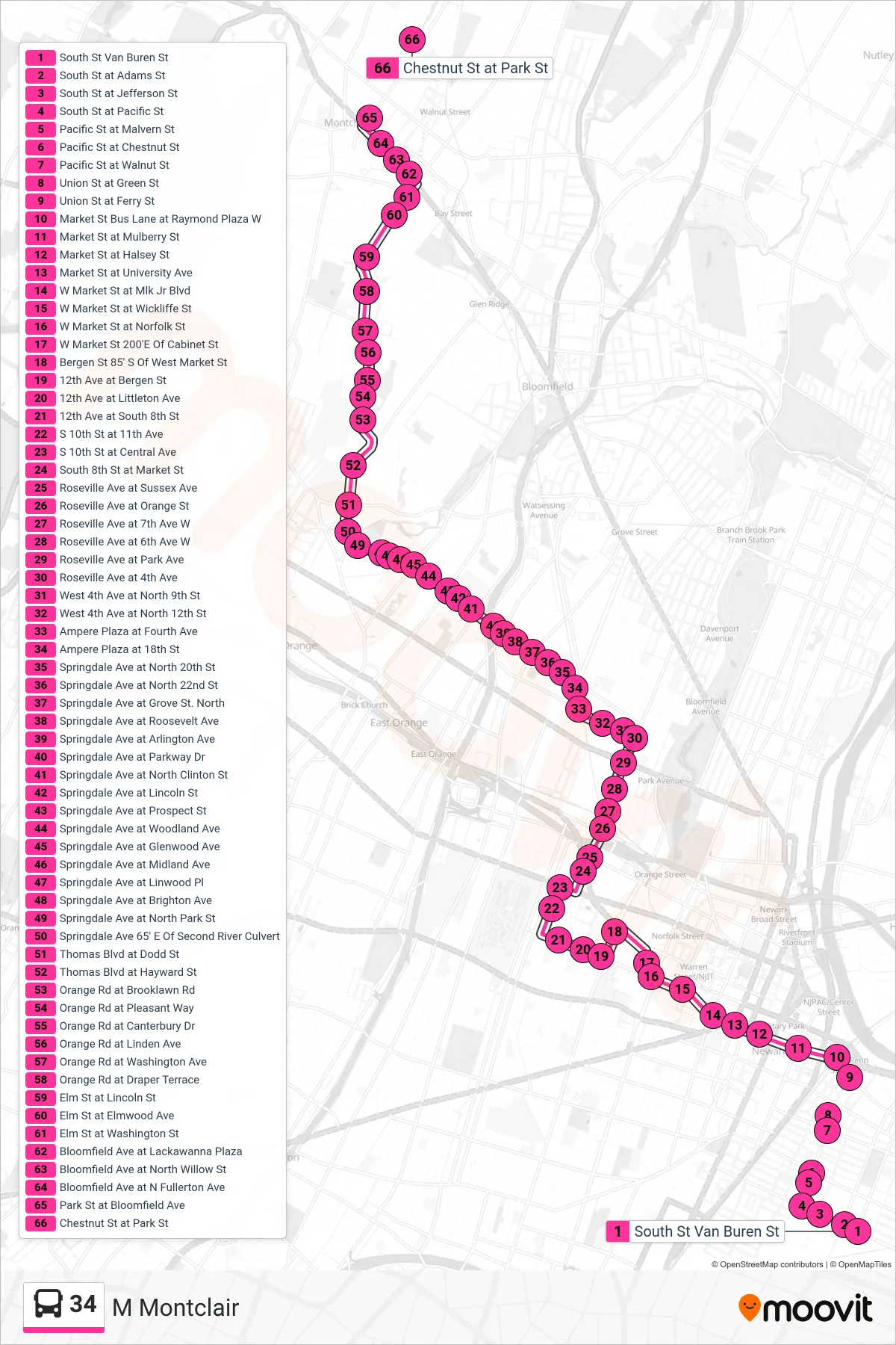 34 bus Line (M Montclair) route and stops on a map