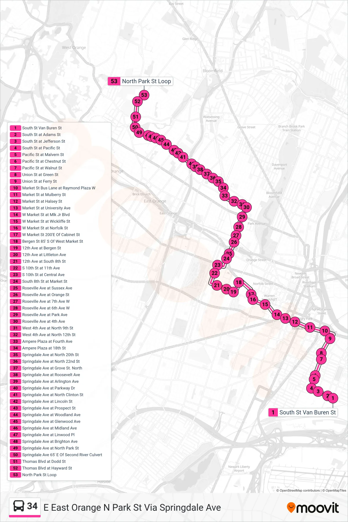 34 bus Line (E East Orange N Park St Via Springdale Ave) route and stops on a map