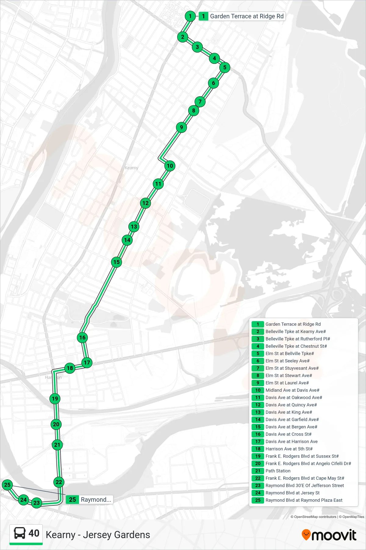 40 bus Line (Newark Penn Station) route and stops on a map
