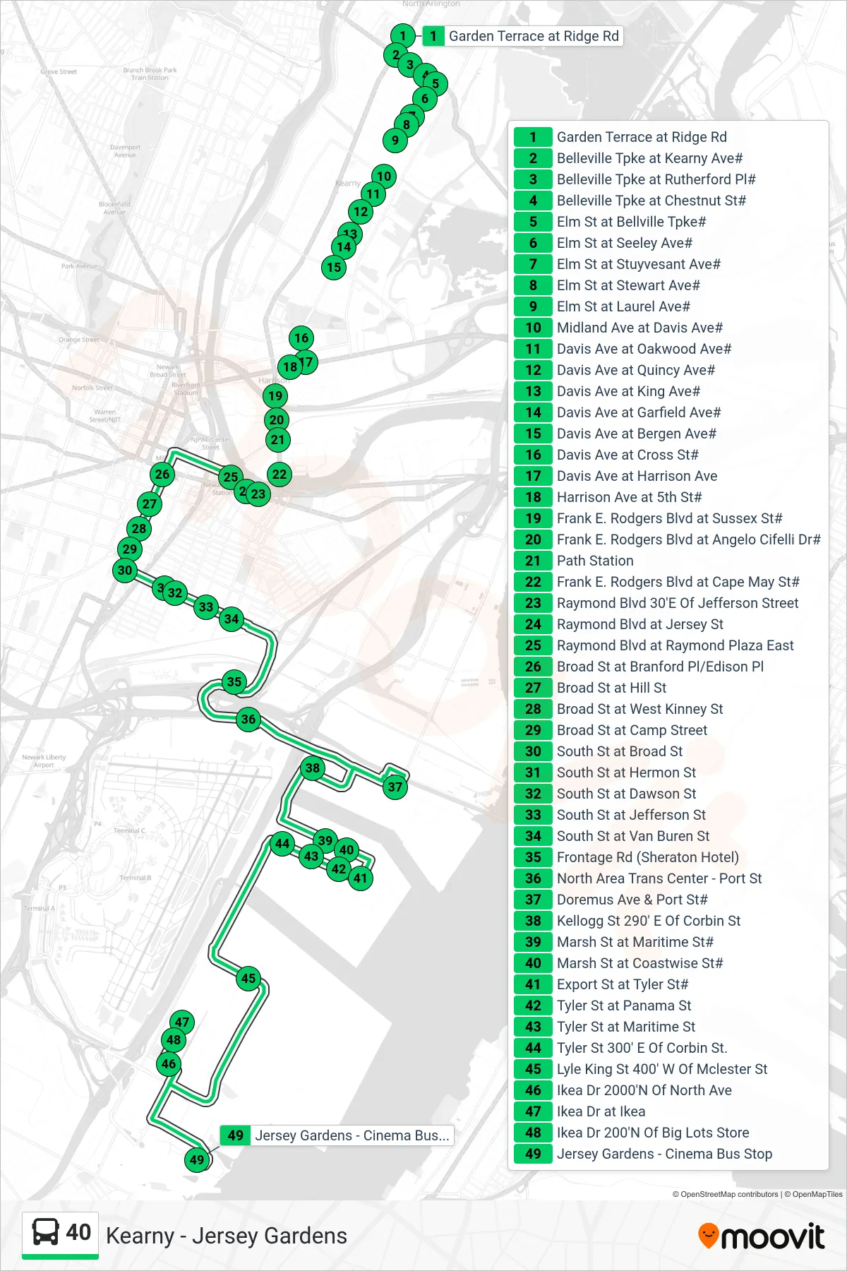 40 bus Line (Jersey Gardens) route and stops on a map