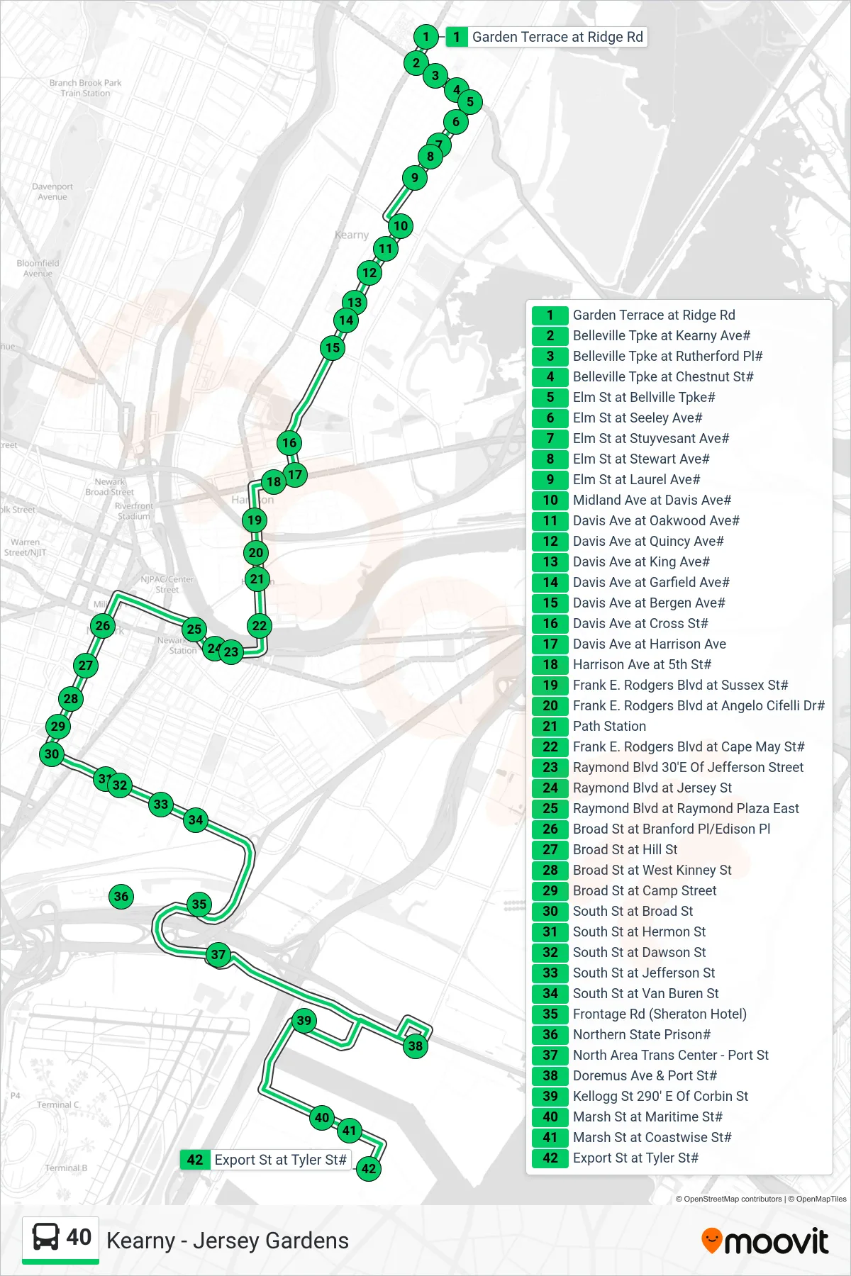 40 bus Line (Port Newark Tyler & Marsh) route and stops on a map
