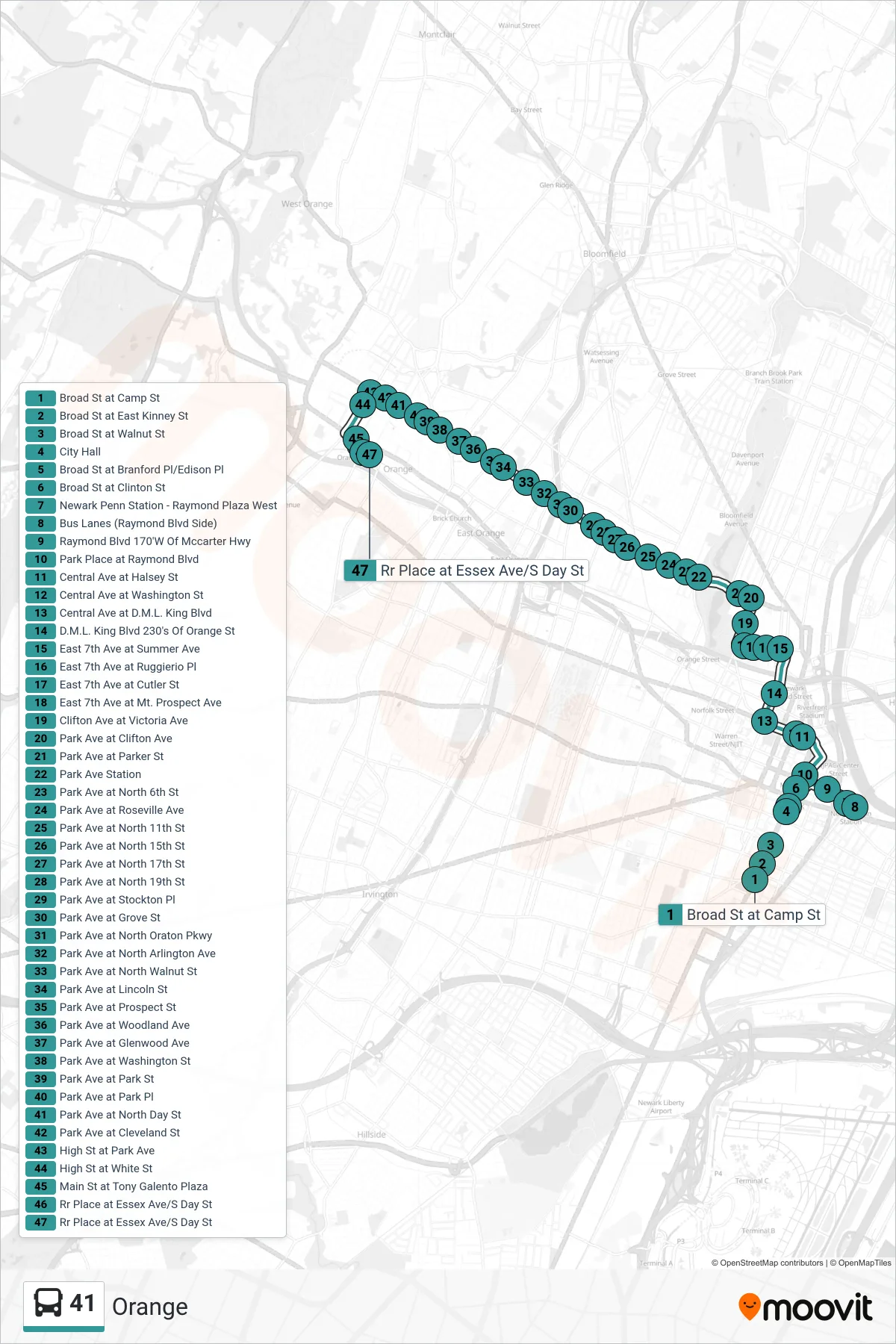 41 bus Line (Orange) route and stops on a map