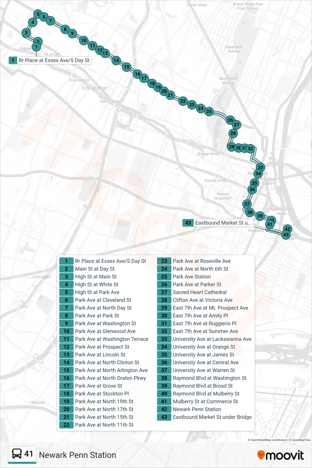 41 bus Line (Newark Penn Station) route and stops on a map