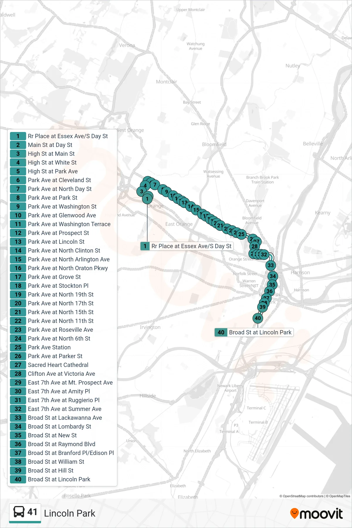 41 bus Line (Lincoln Park) route and stops on a map
