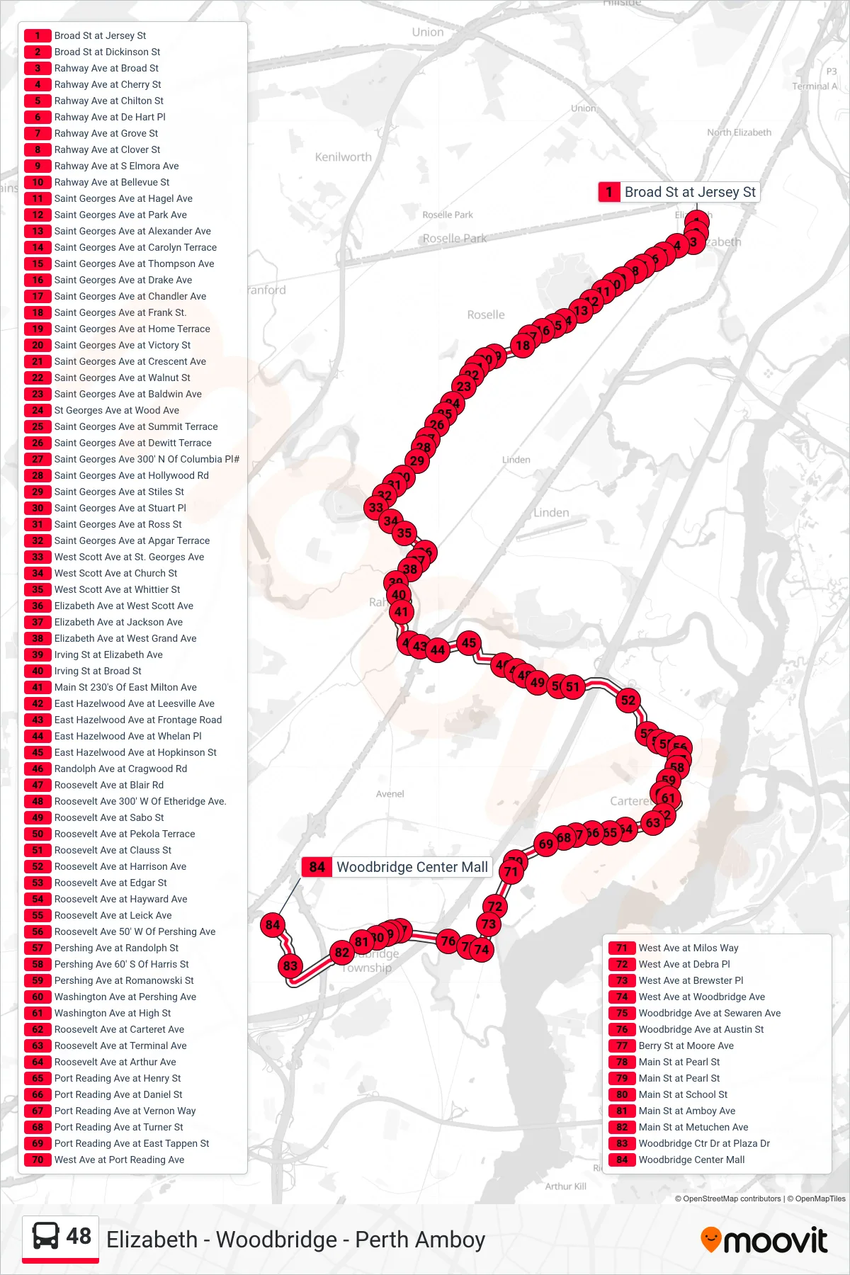 48 bus Line (Woodbridge Mall Via Carteret) route and stops on a map