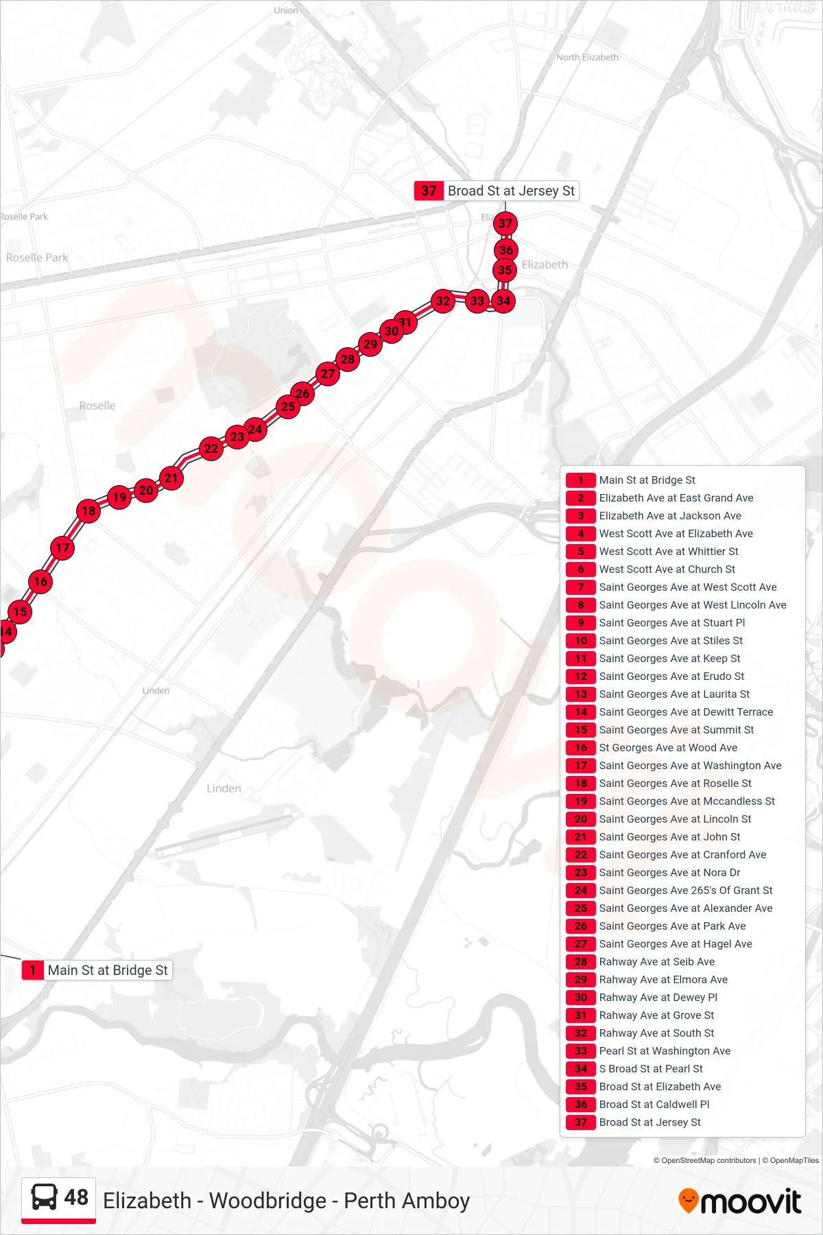 48 bus Line (Elizabeth) route and stops on a map