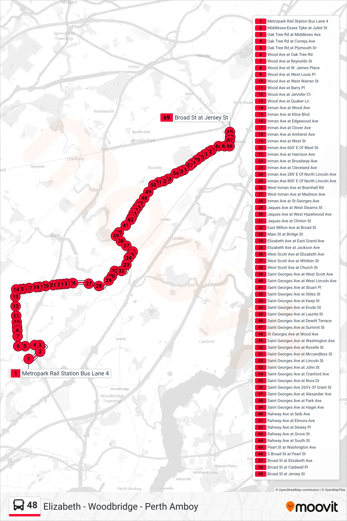 48 bus Line (Elizabeth Via Colonia) route and stops on a map