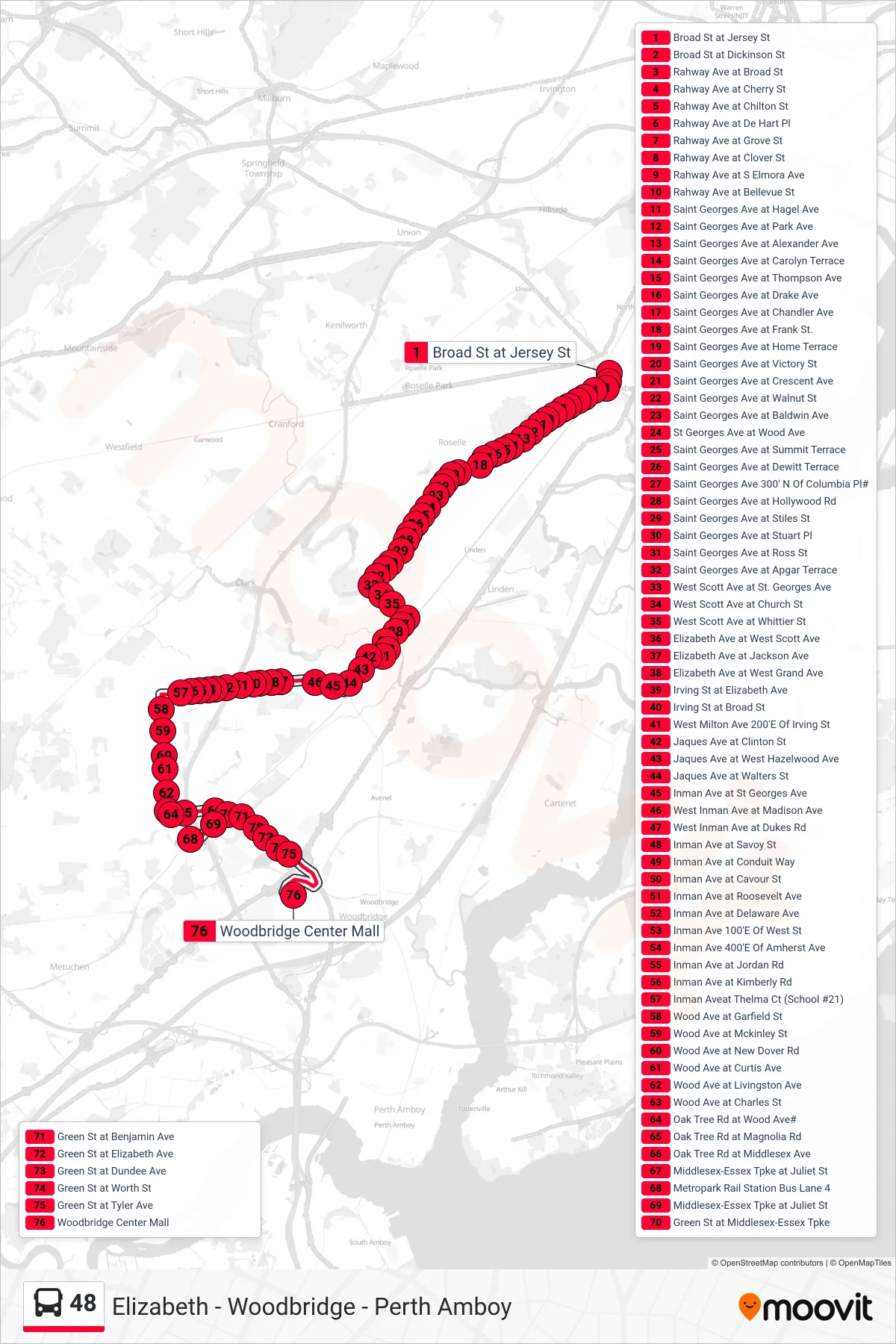 48 bus Line (Woodbridge Mall Via Metro Park Woodbridge Mall Colonia & Grove) route and stops on a map
