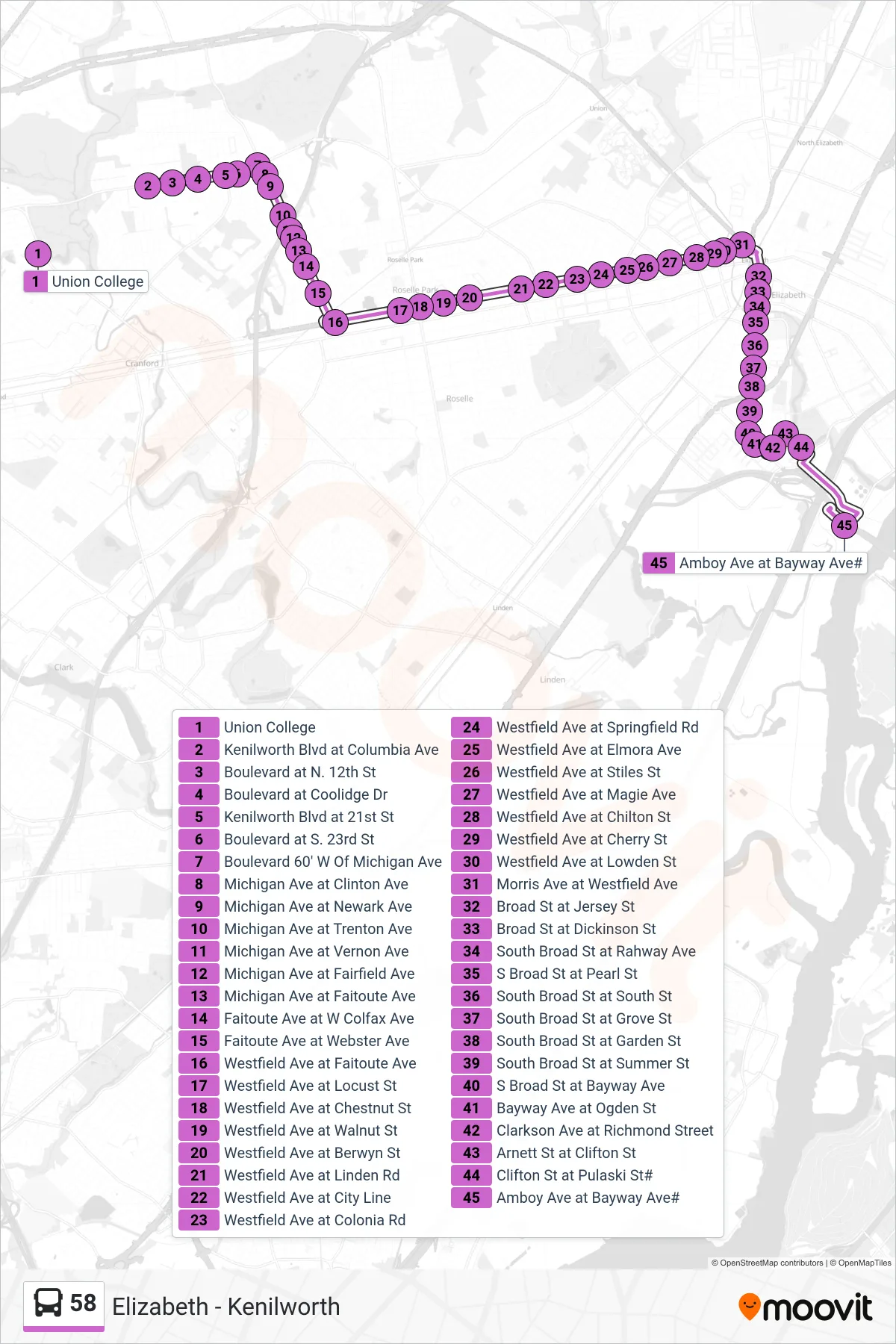 58 bus Line (Elizabeth  Amboy Avenue) route and stops on a map