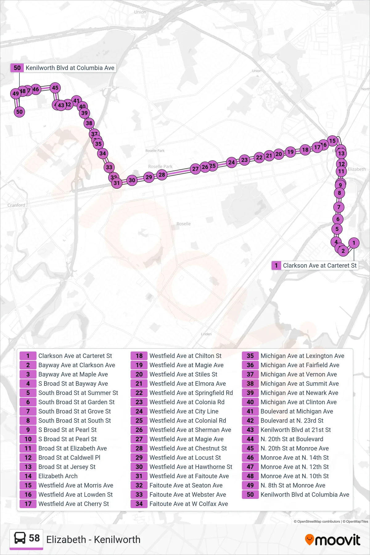 58 bus Line (Kenilworth) route and stops on a map